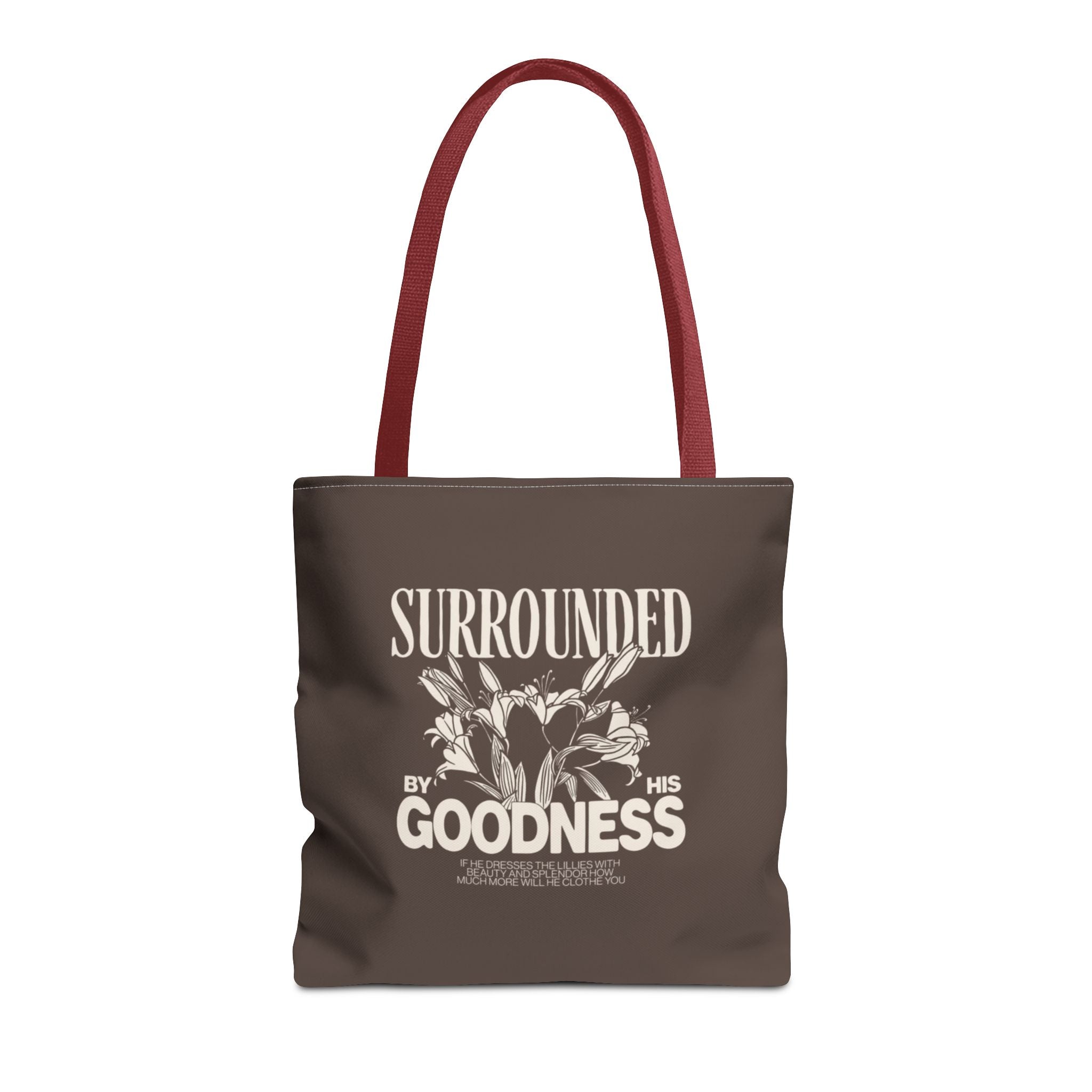 Surrounded by His Goodness Tote Bag — Faith Floral Scripture Shopper