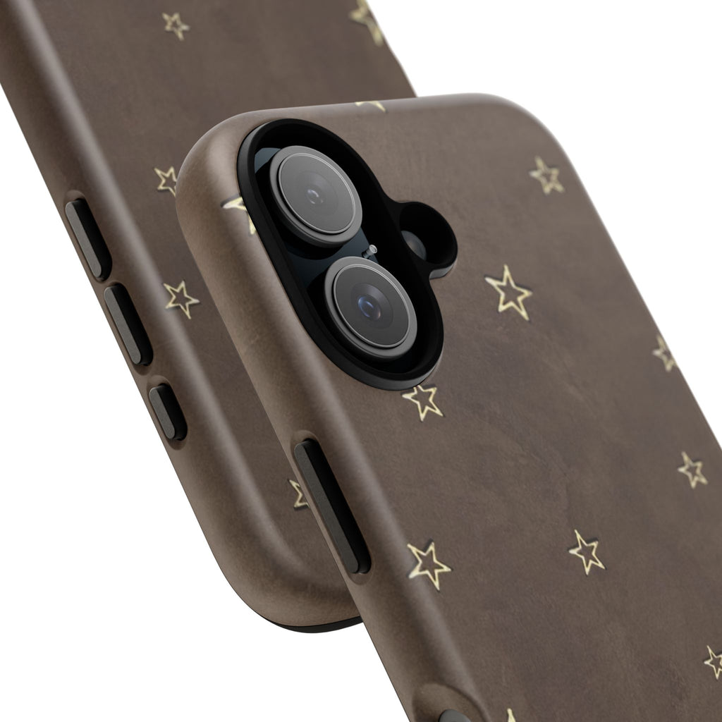 Brown Star Pattern Tough Phone Case – Rugged Leather-Look Protection