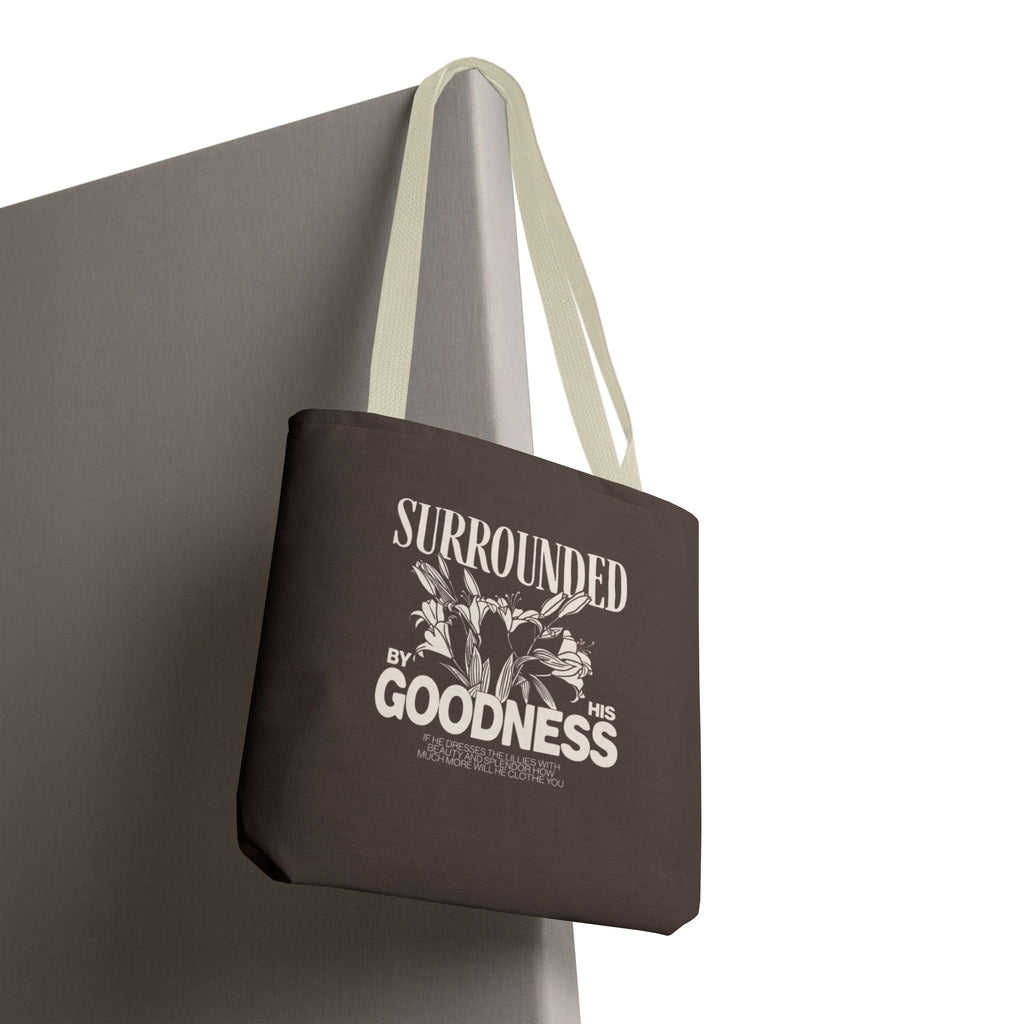 Surrounded by His Goodness Tote Bag — Faith Floral Scripture Shopper
