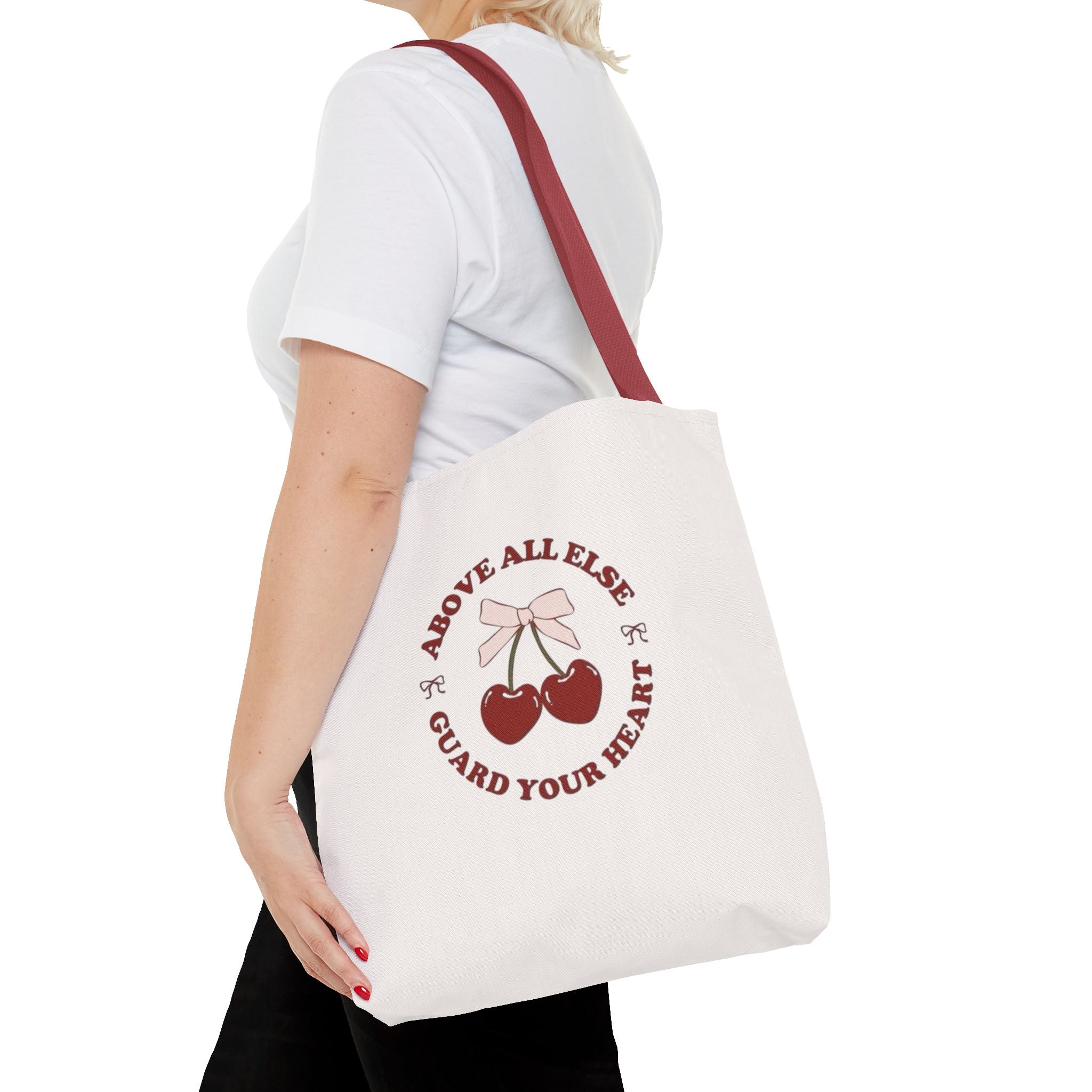 "Above All Else Guard Your Heart" Cherry Graphic Tote Bag