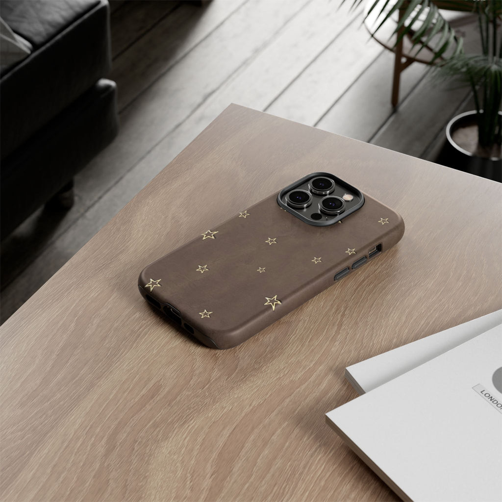Brown Star Pattern Tough Phone Case – Rugged Leather-Look Protection