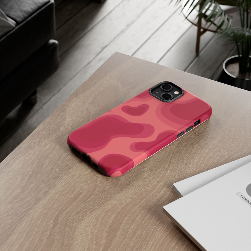 Red Pink Camo iPhone Case — Abstract Heart Pattern Tough Protective Cover