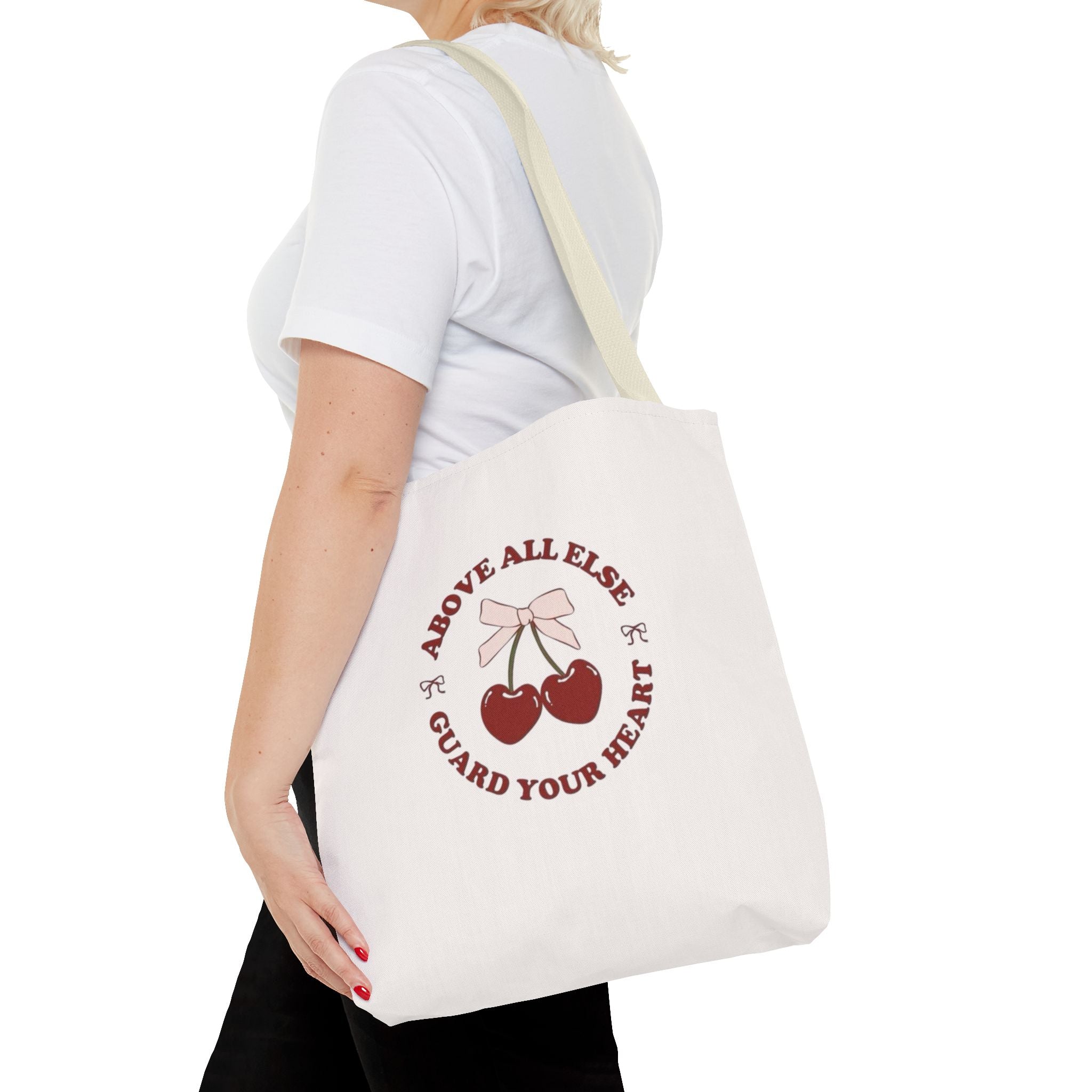 "Above All Else Guard Your Heart" Cherry Graphic Tote Bag