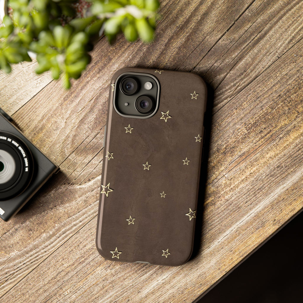 Brown Star Pattern Tough Phone Case – Rugged Leather-Look Protection