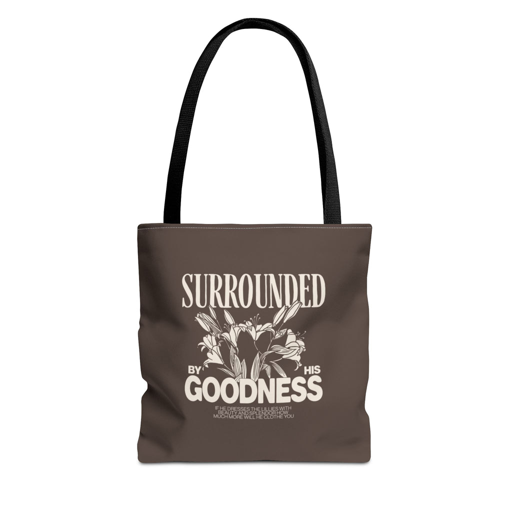 Surrounded by His Goodness Tote Bag — Faith Floral Scripture Shopper