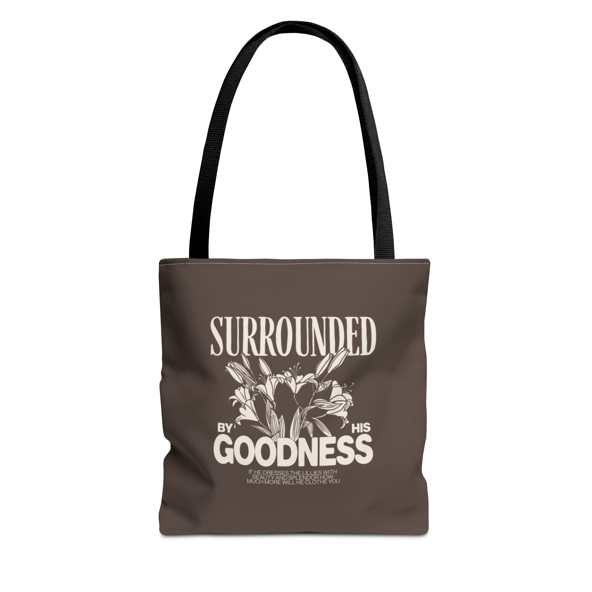 Surrounded by His Goodness Tote Bag — Faith Floral Scripture Shopper
