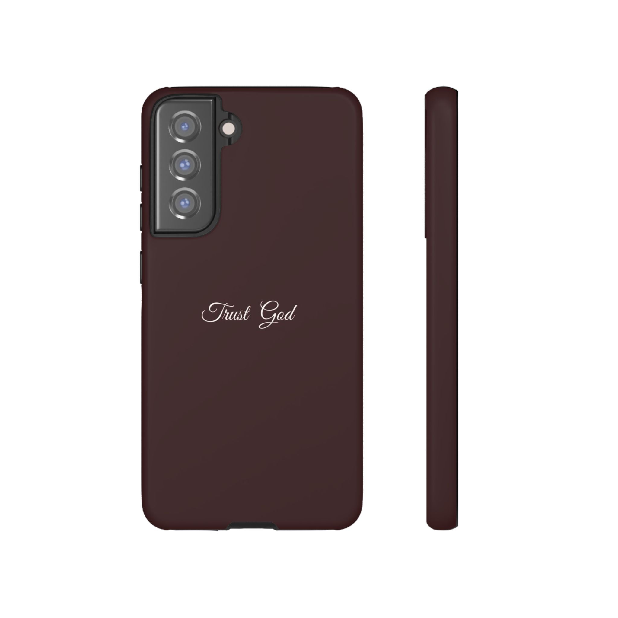 Trust God Tough Phone Case — Maroon Protective iPhone Cover with Script Text