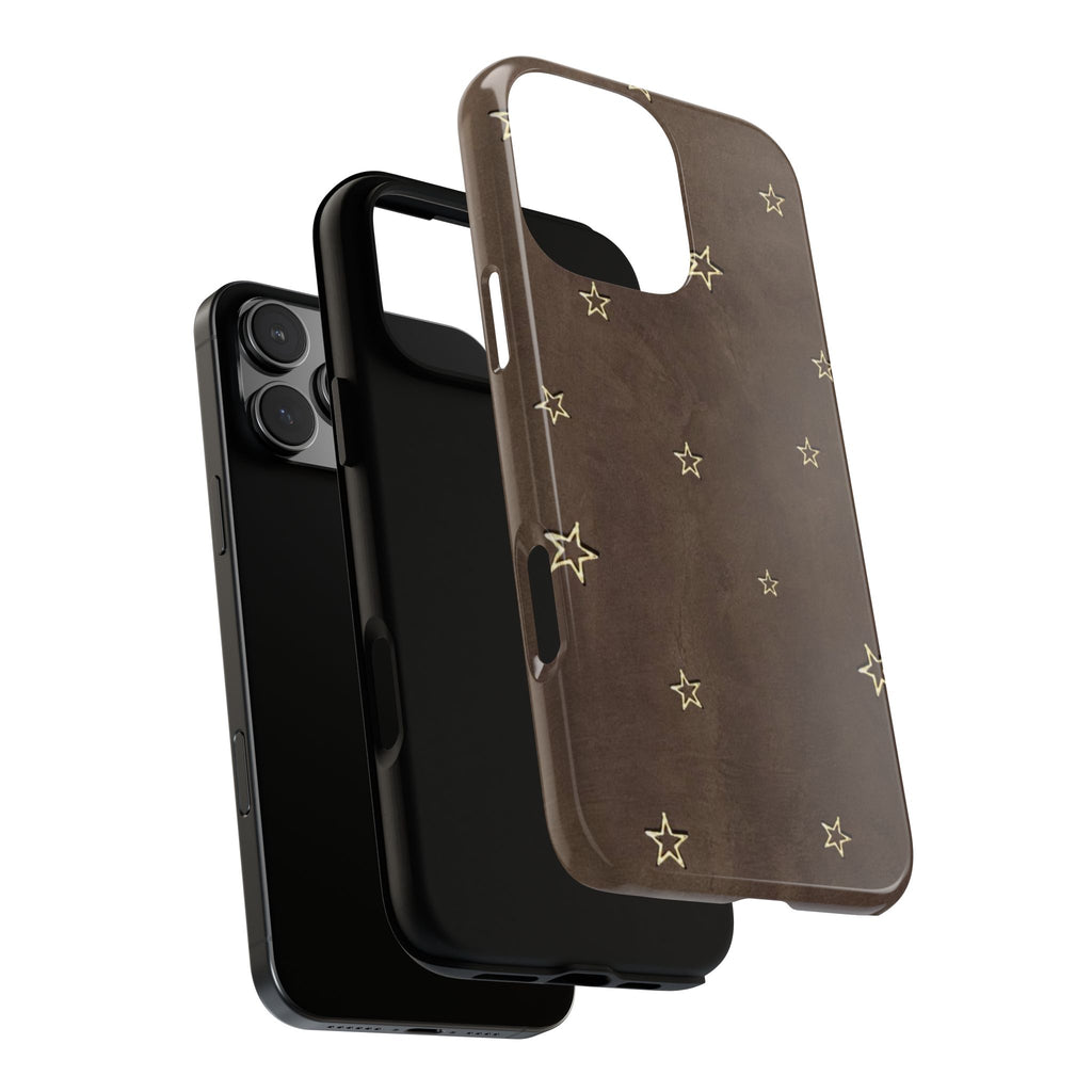 Brown Star Pattern Tough Phone Case – Rugged Leather-Look Protection