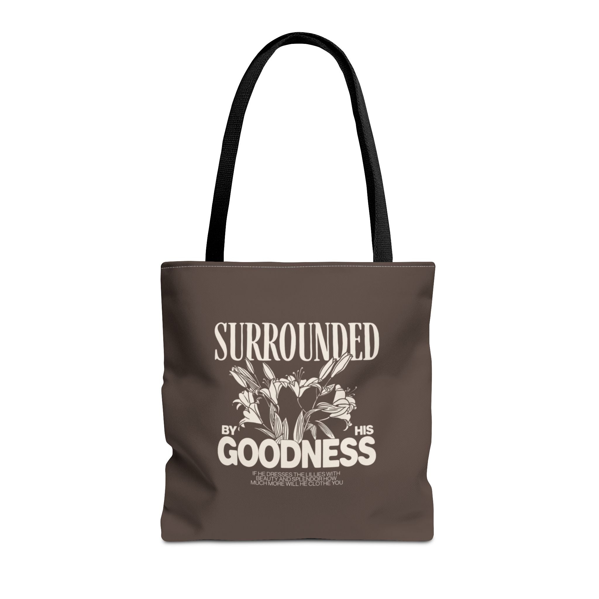 Surrounded by His Goodness Tote Bag — Faith Floral Scripture Shopper