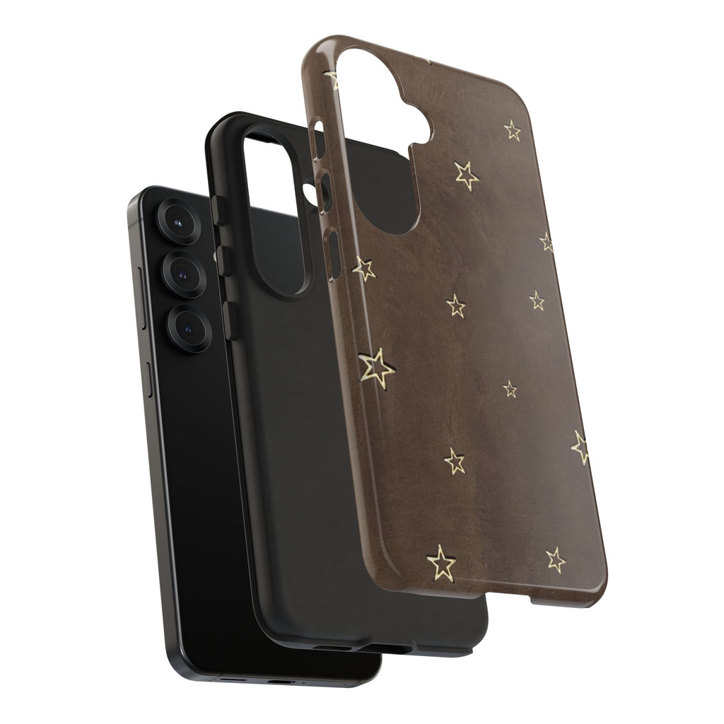 Brown Star Pattern Tough Phone Case – Rugged Leather-Look Protection