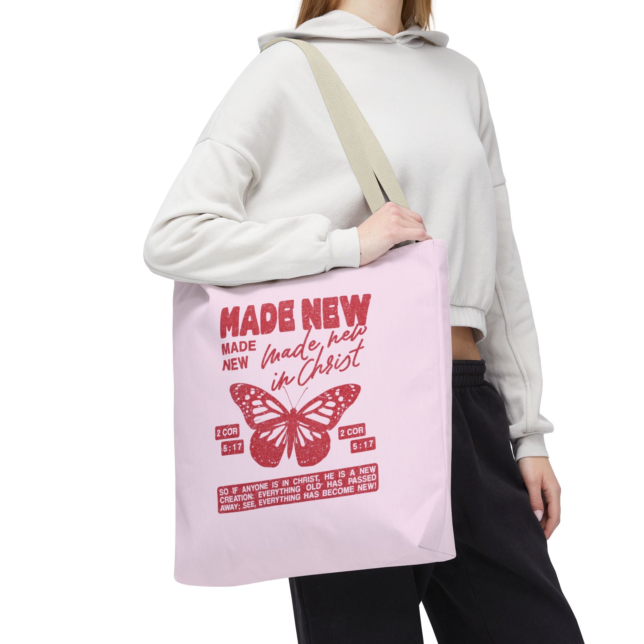 "Made New in Christ" Pink Butterfly Tote