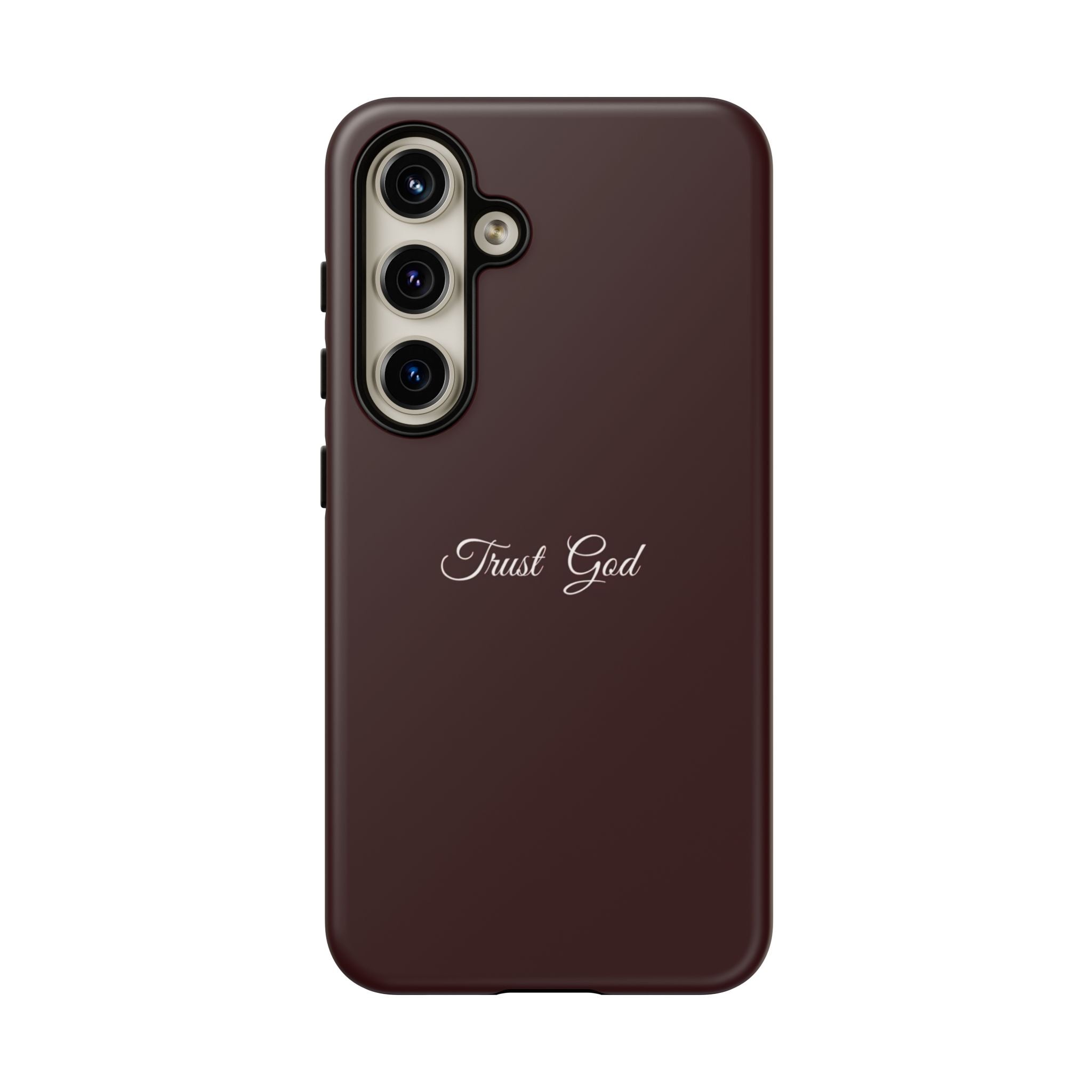 Trust God Tough Phone Case — Maroon Protective iPhone Cover with Script Text