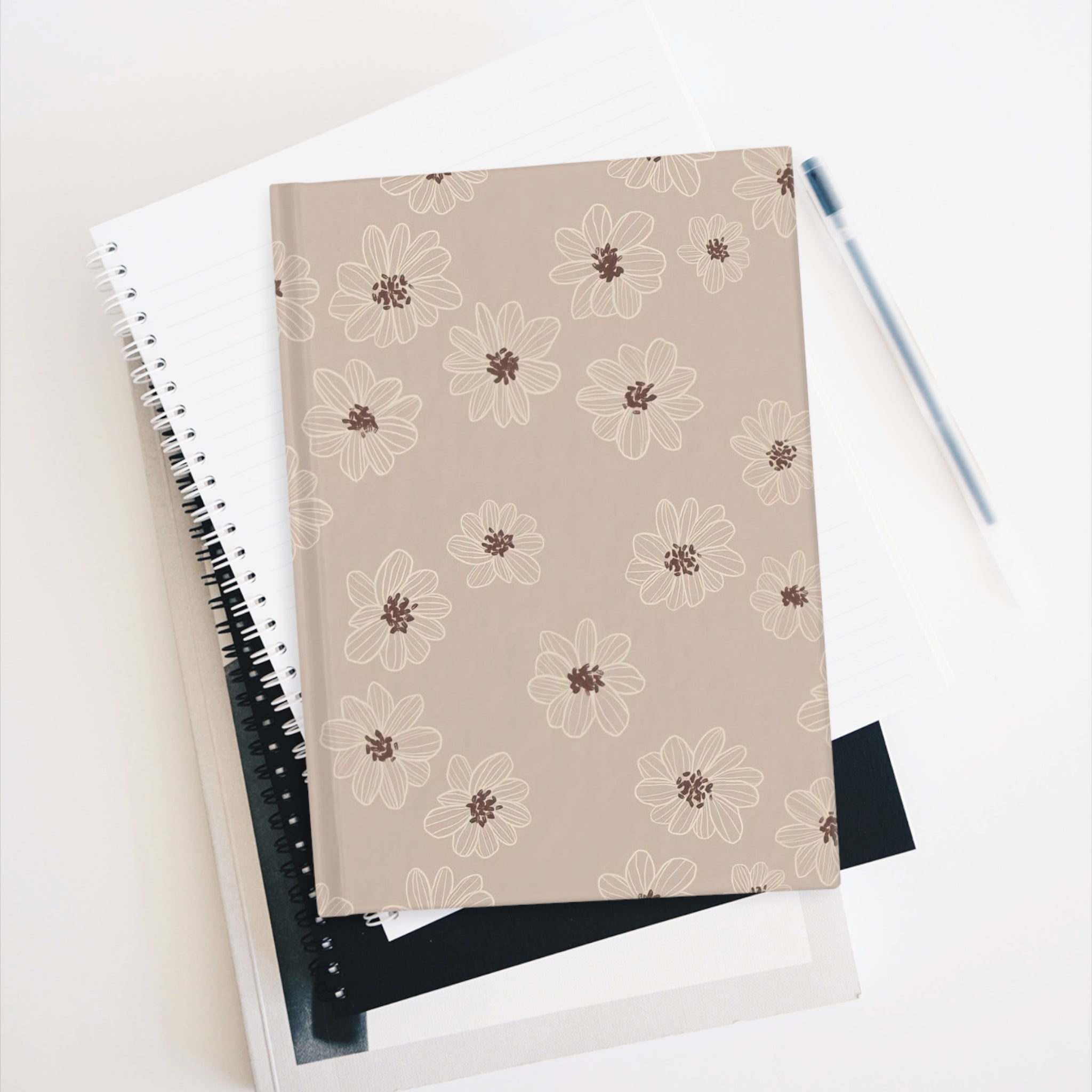 Hardcover Daisy Beige Ruled Journal — Floral Lined Notebook for Notes & Daily Planning