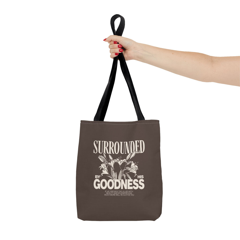 Surrounded by His Goodness Tote Bag — Faith Floral Scripture Shopper