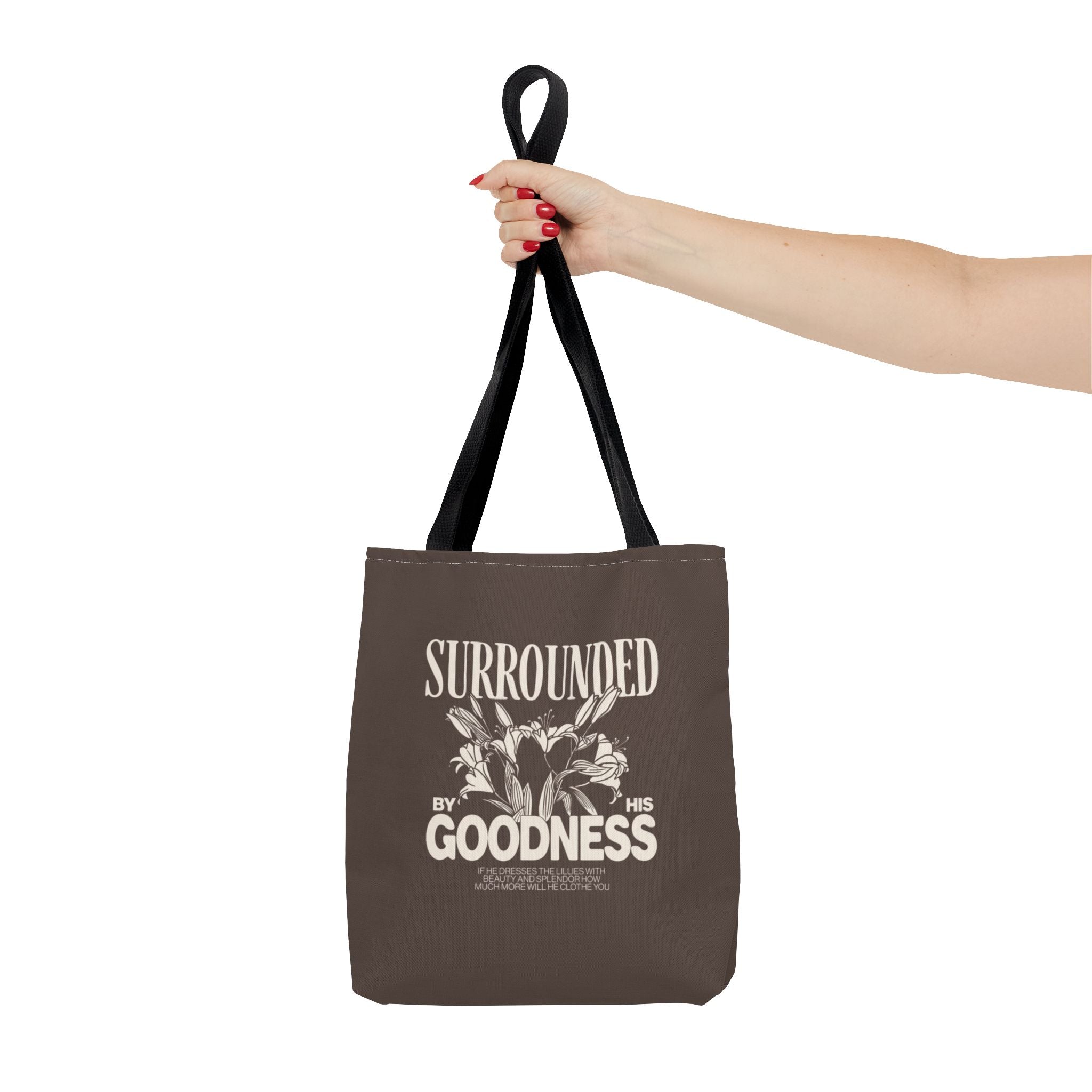 Surrounded by His Goodness Tote Bag — Faith Floral Scripture Shopper