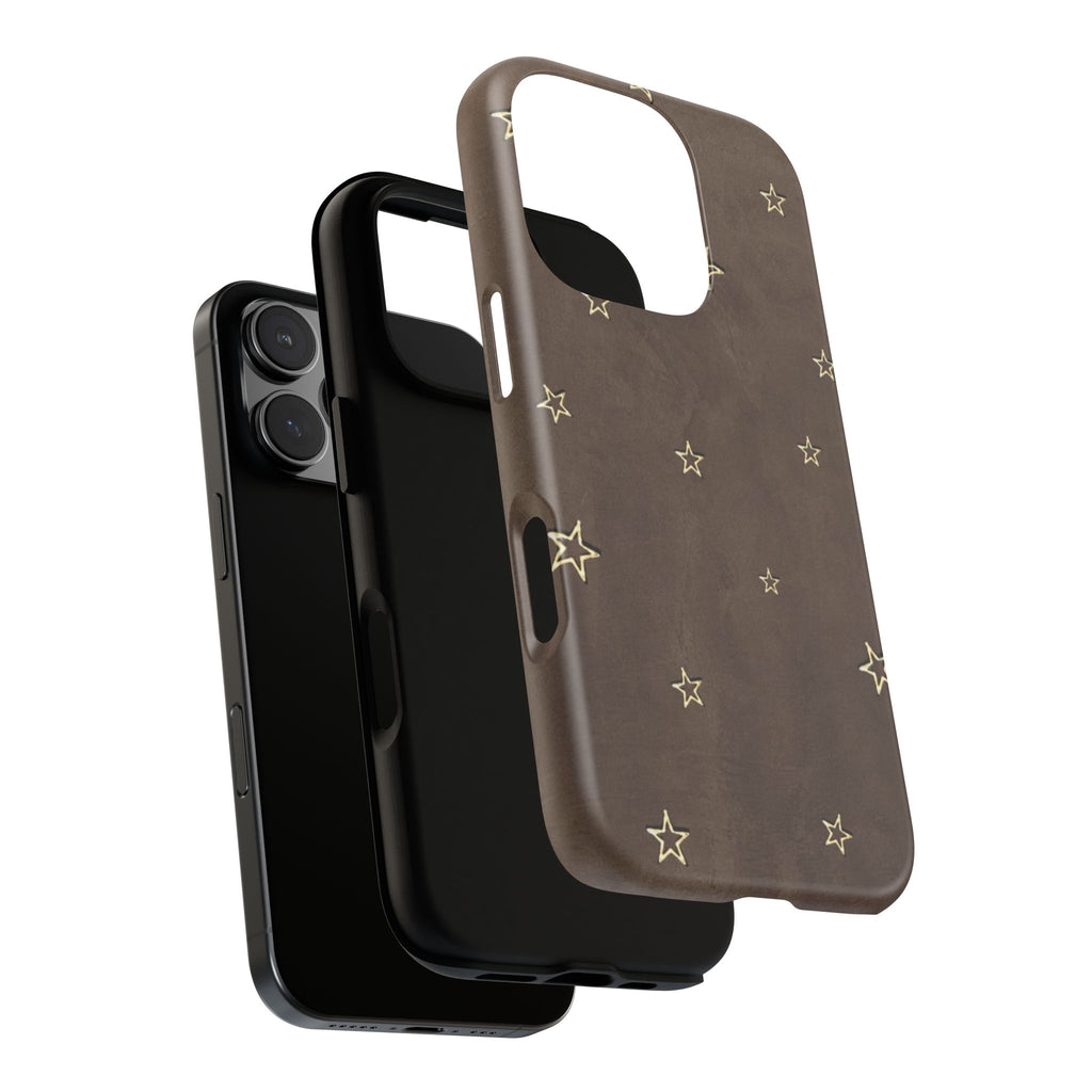 Brown Star Pattern Tough Phone Case – Rugged Leather-Look Protection