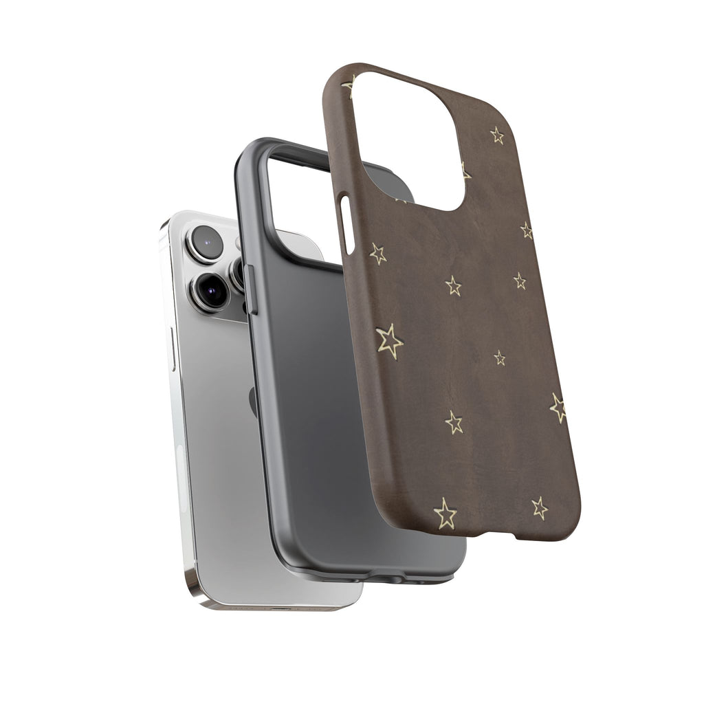 Brown Star Pattern Tough Phone Case – Rugged Leather-Look Protection