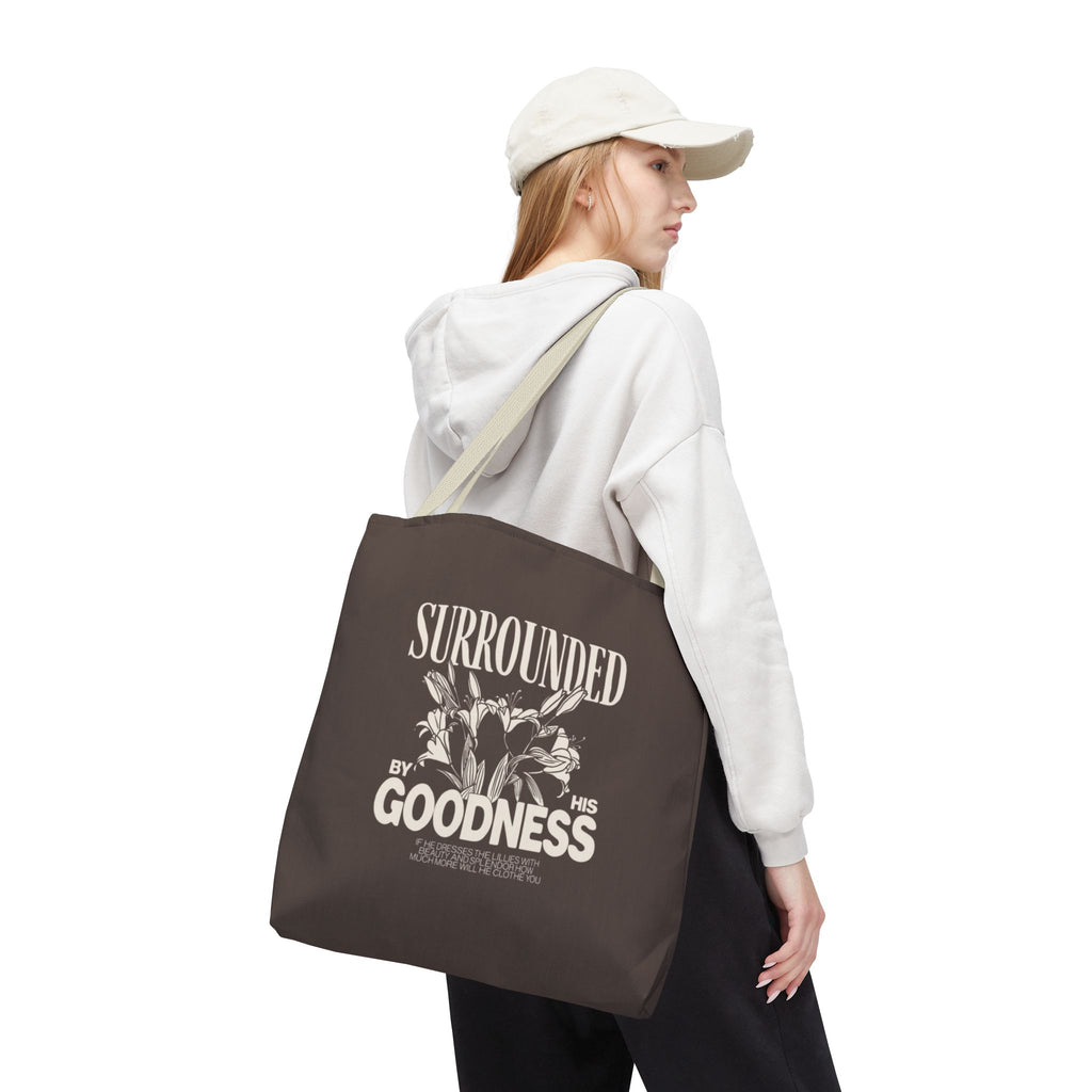 Surrounded by His Goodness Tote Bag — Faith Floral Scripture Shopper
