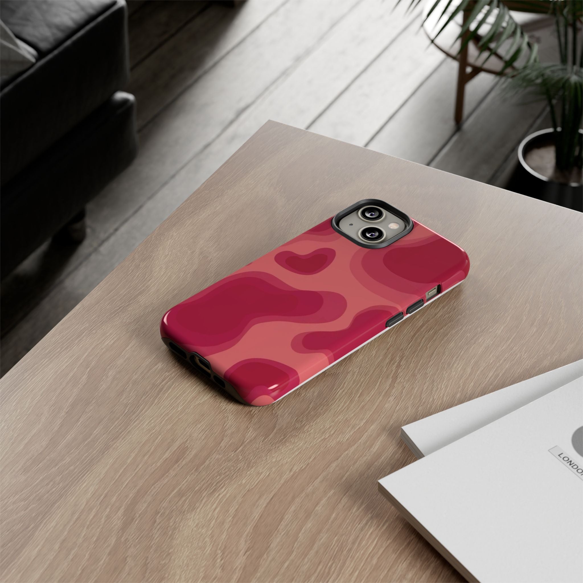 Red Pink Camo iPhone Case — Abstract Heart Pattern Tough Protective Cover