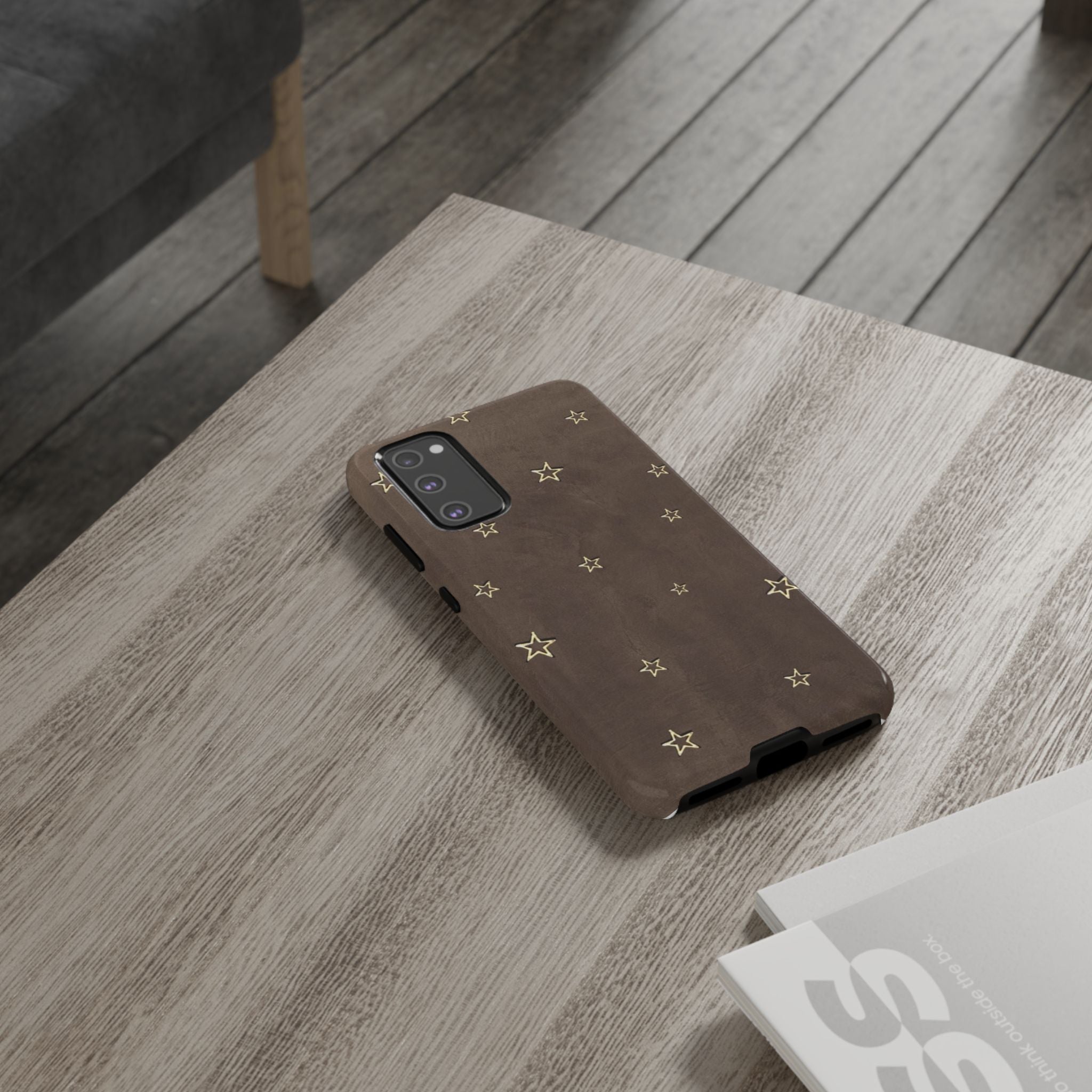 Brown Star Pattern Tough Phone Case – Rugged Leather-Look Protection