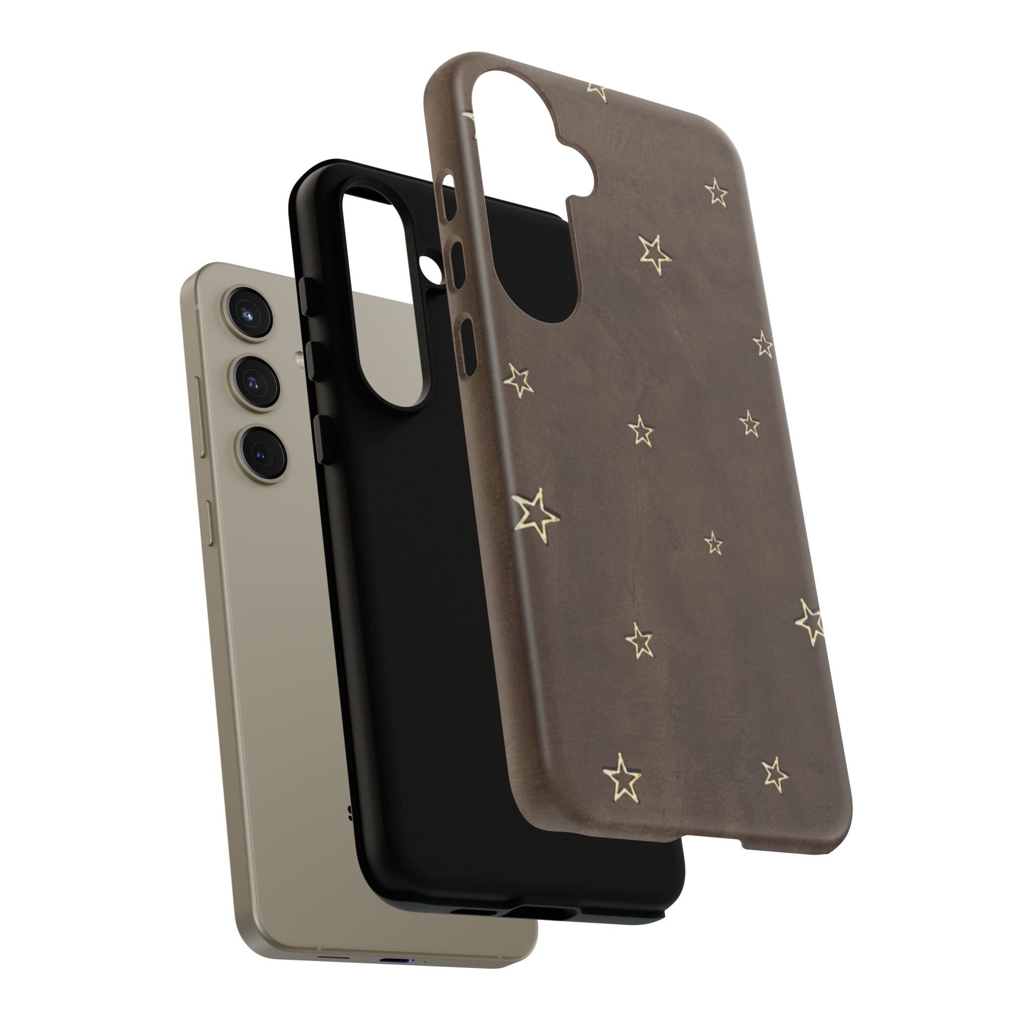 Brown Star Pattern Tough Phone Case – Rugged Leather-Look Protection