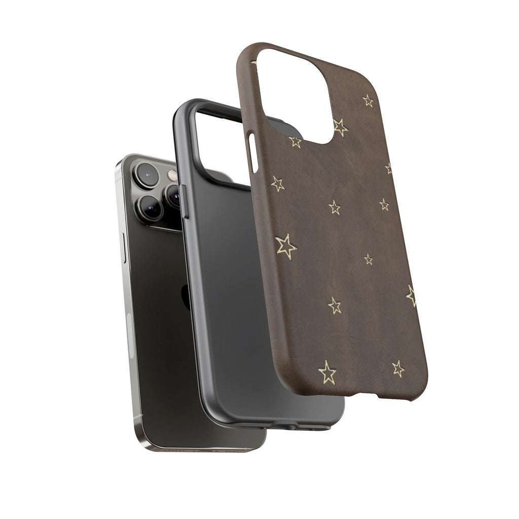 Brown Star Pattern Tough Phone Case – Rugged Leather-Look Protection