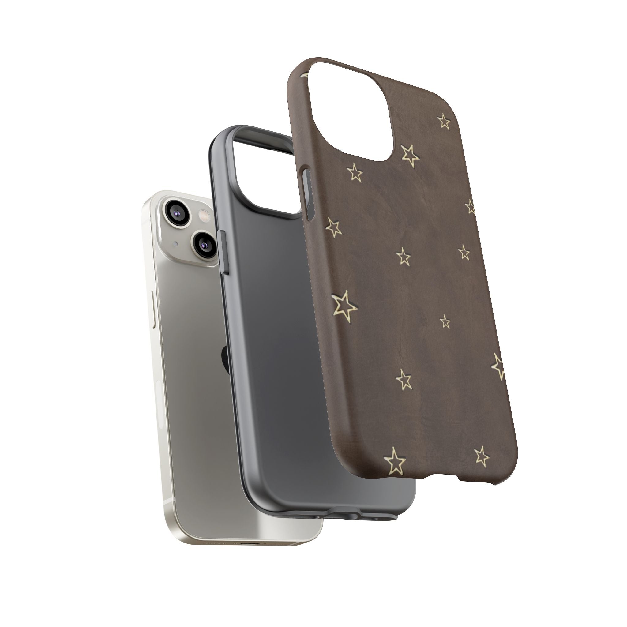 Brown Star Pattern Tough Phone Case – Rugged Leather-Look Protection