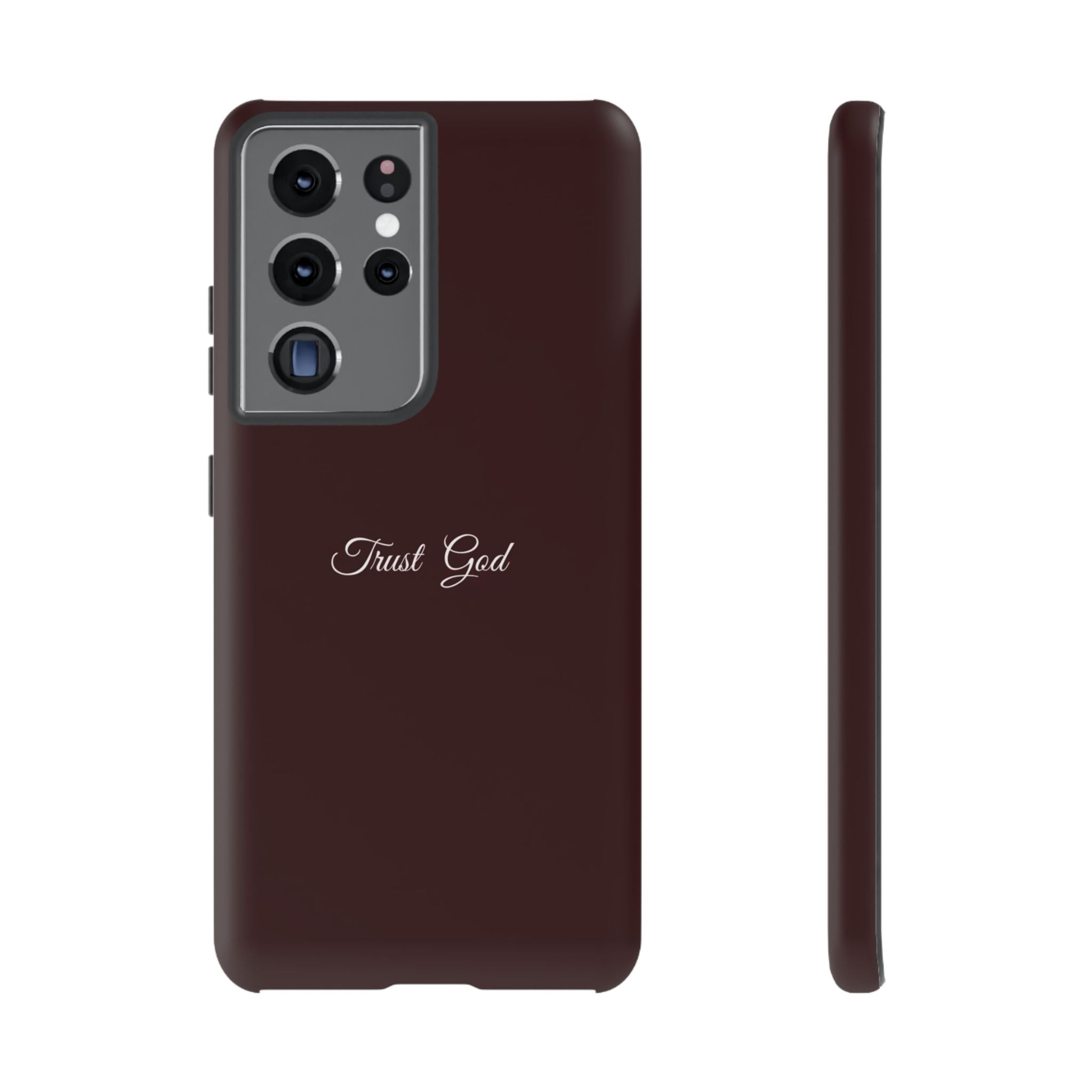 Trust God Tough Phone Case — Maroon Protective iPhone Cover with Script Text