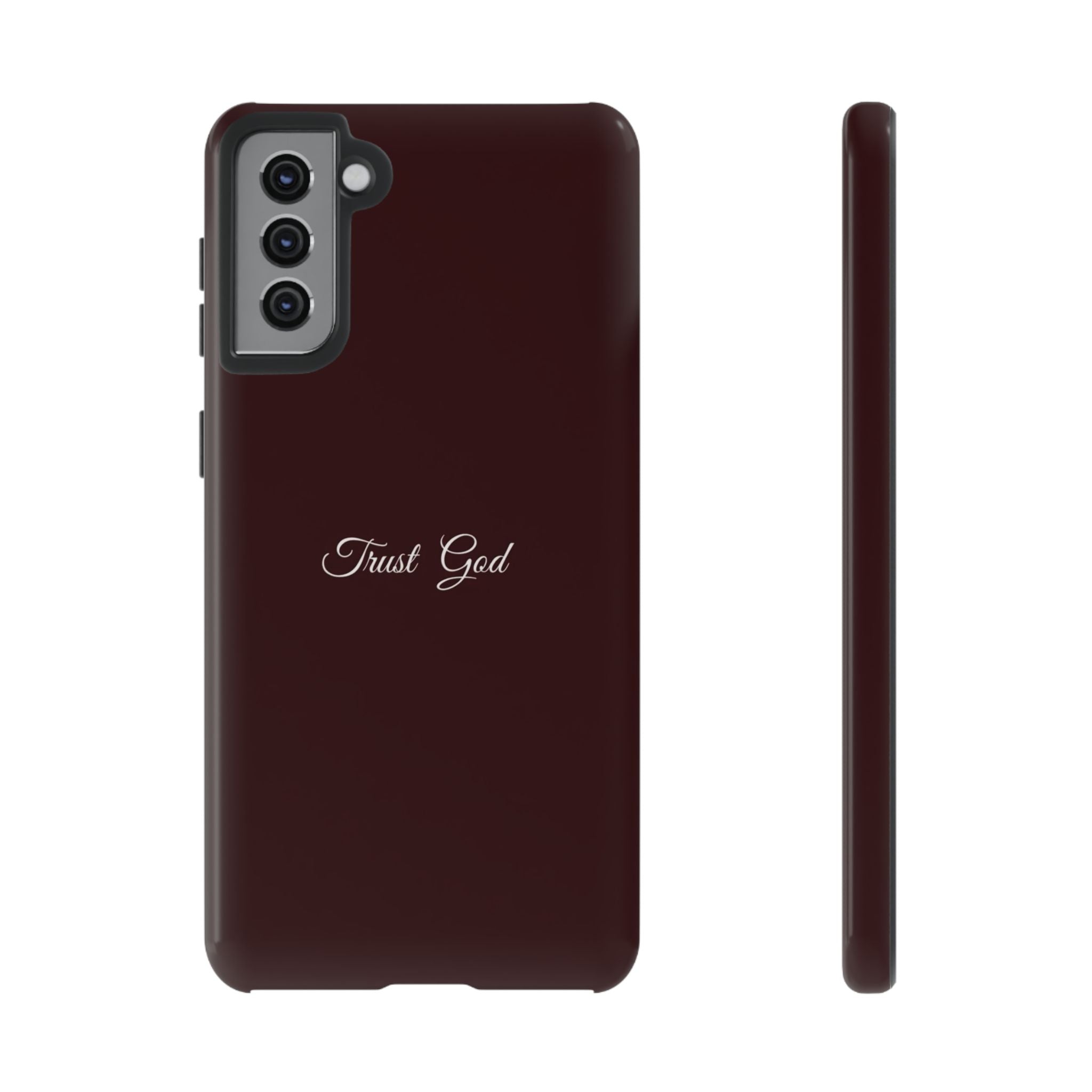 Trust God Tough Phone Case — Maroon Protective iPhone Cover with Script Text