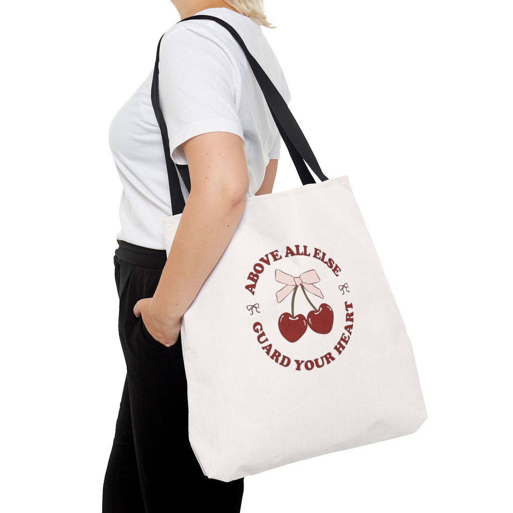 "Above All Else Guard Your Heart" Cherry Graphic Tote Bag