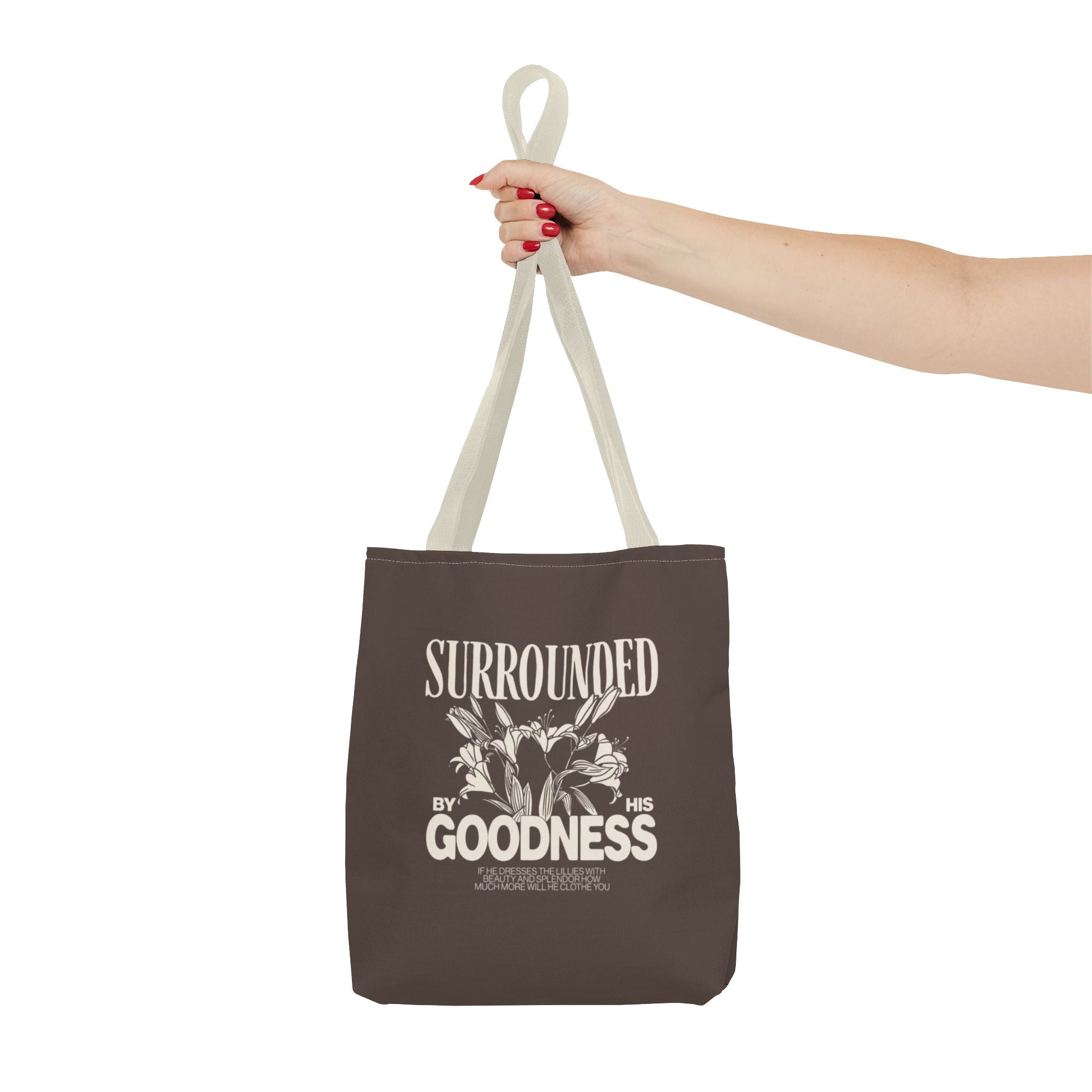 Surrounded by His Goodness Tote Bag — Faith Floral Scripture Shopper