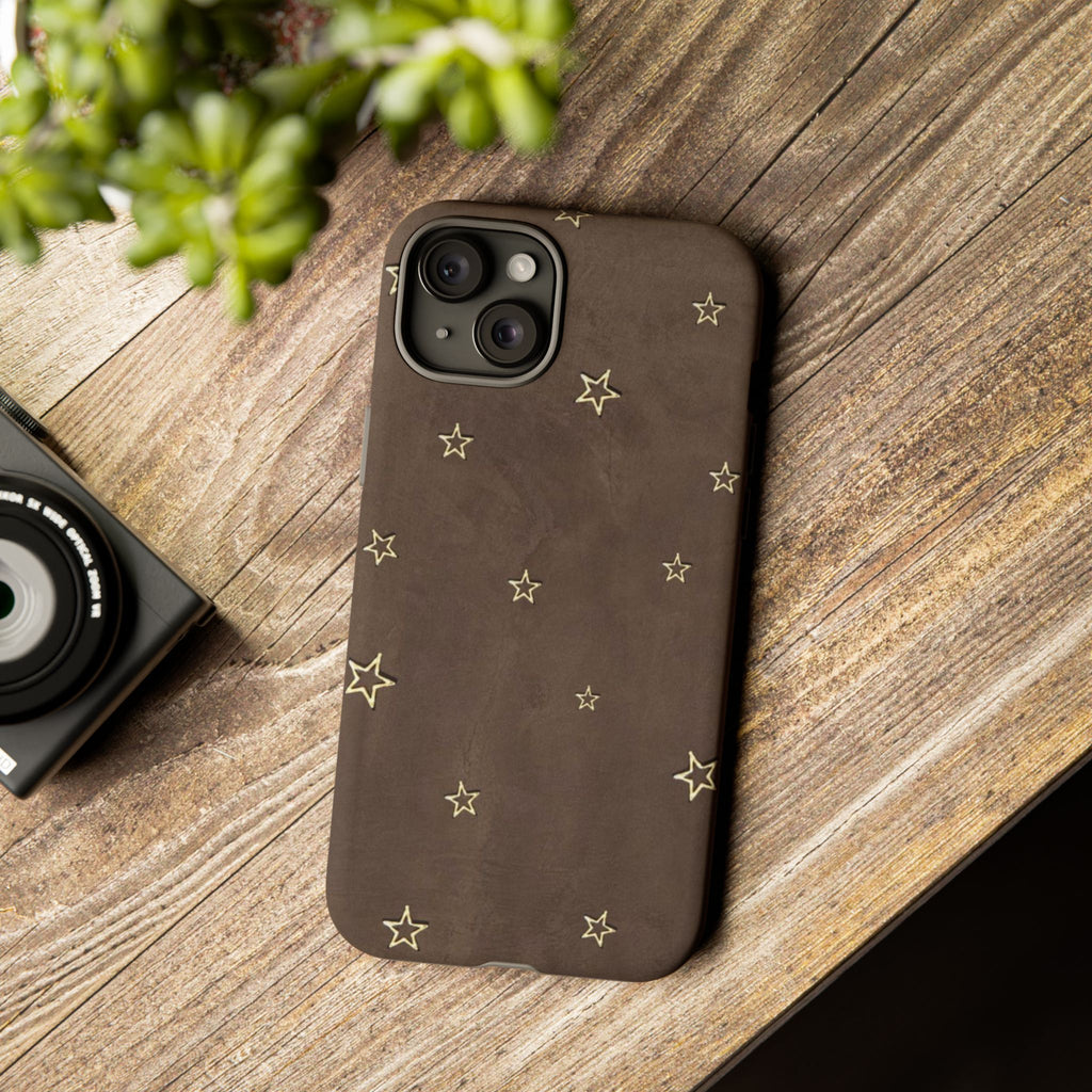 Brown Star Pattern Tough Phone Case – Rugged Leather-Look Protection