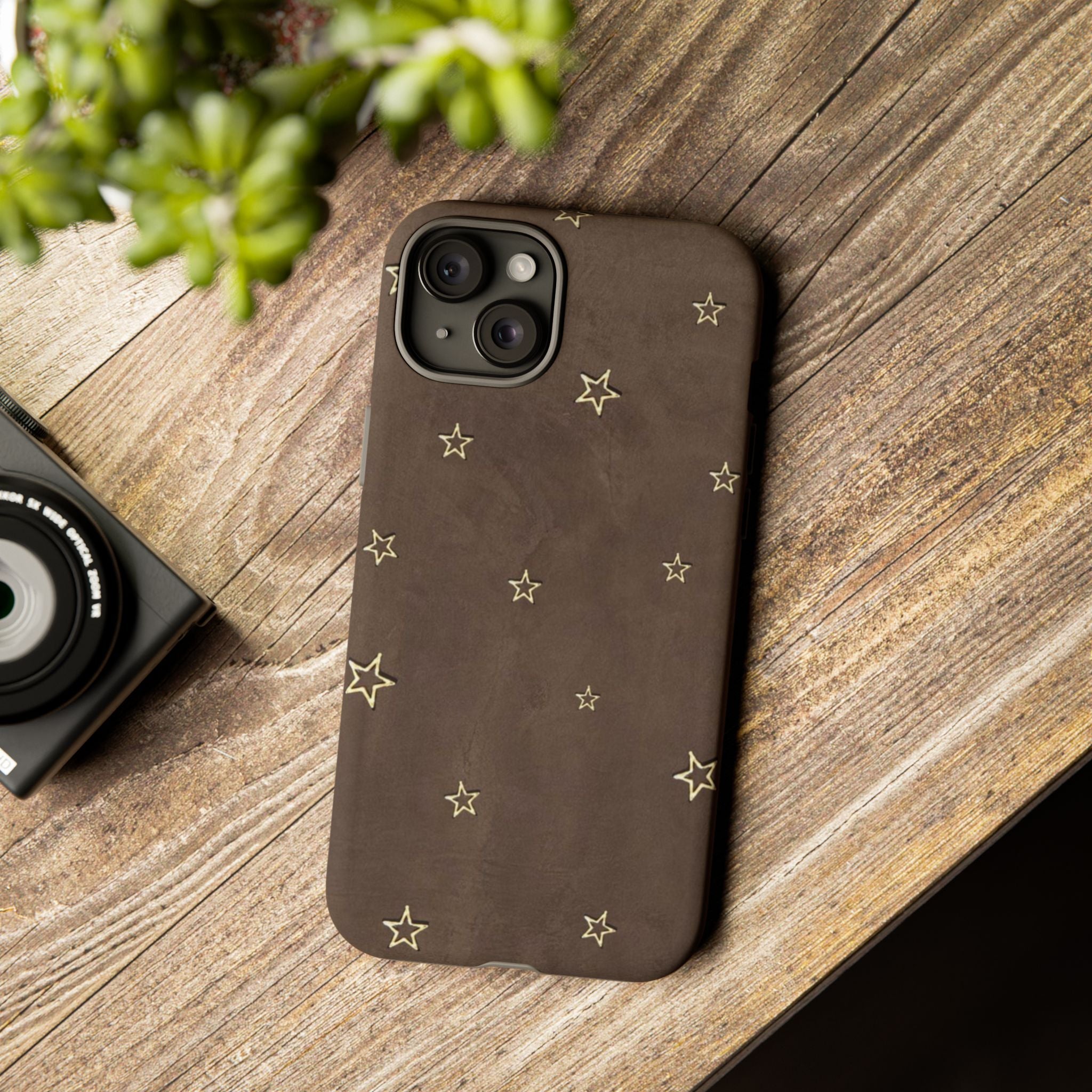 Brown Star Pattern Tough Phone Case – Rugged Leather-Look Protection
