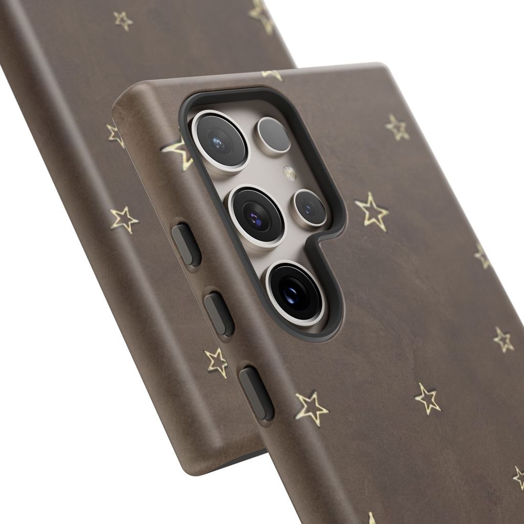 Brown Star Pattern Tough Phone Case – Rugged Leather-Look Protection