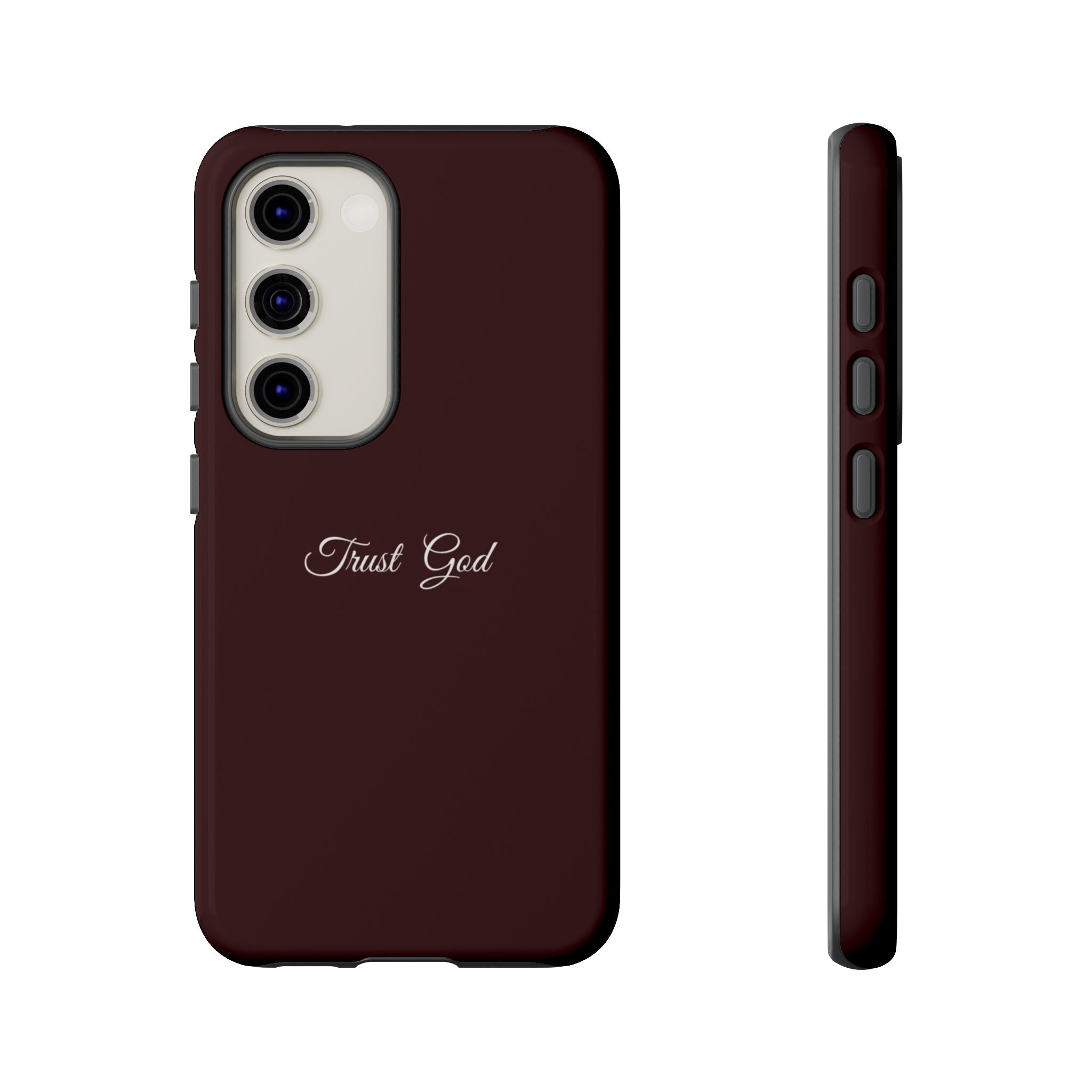 Trust God Tough Phone Case — Maroon Protective iPhone Cover with Script Text