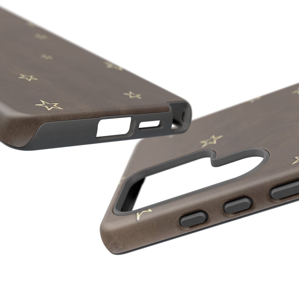 Brown Star Pattern Tough Phone Case – Rugged Leather-Look Protection