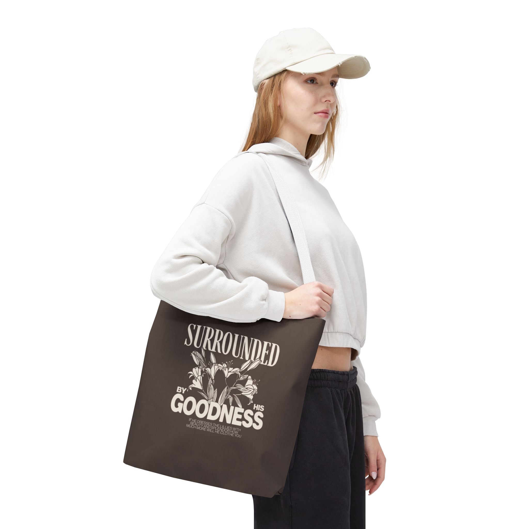 Surrounded by His Goodness Tote Bag — Faith Floral Scripture Shopper