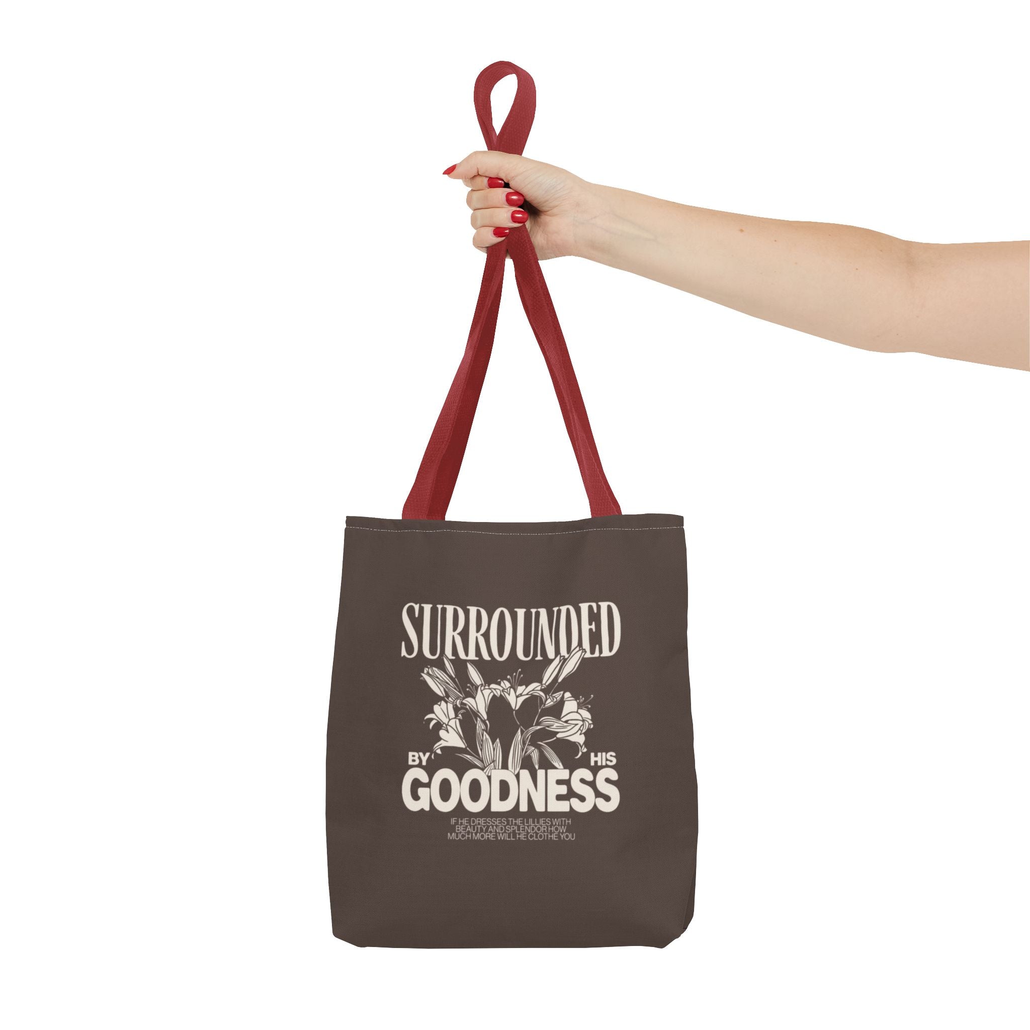 Surrounded by His Goodness Tote Bag — Faith Floral Scripture Shopper