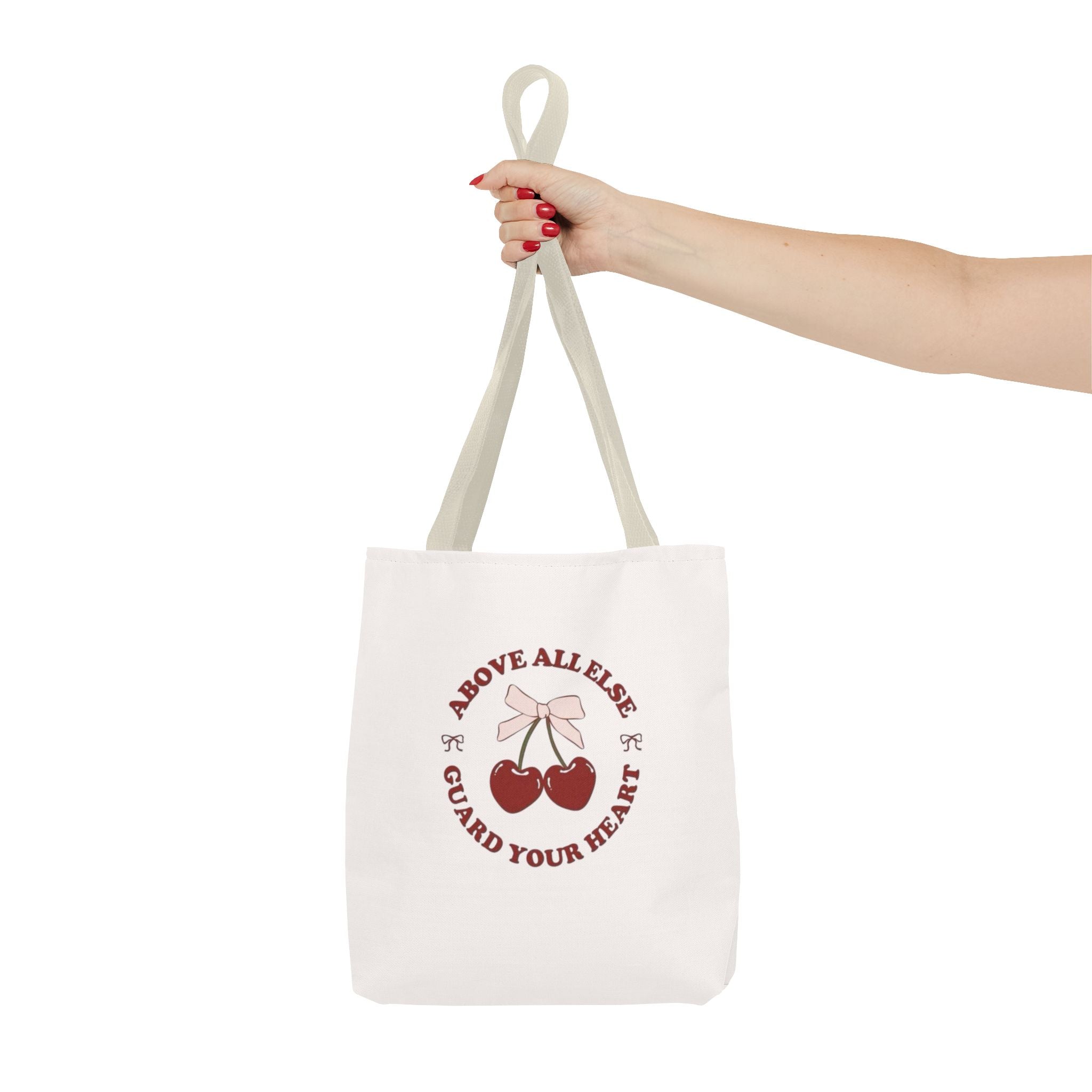 "Above All Else Guard Your Heart" Cherry Graphic Tote Bag