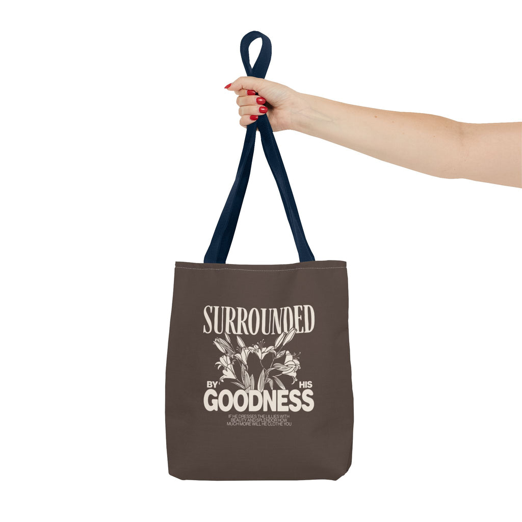 Surrounded by His Goodness Tote Bag — Faith Floral Scripture Shopper