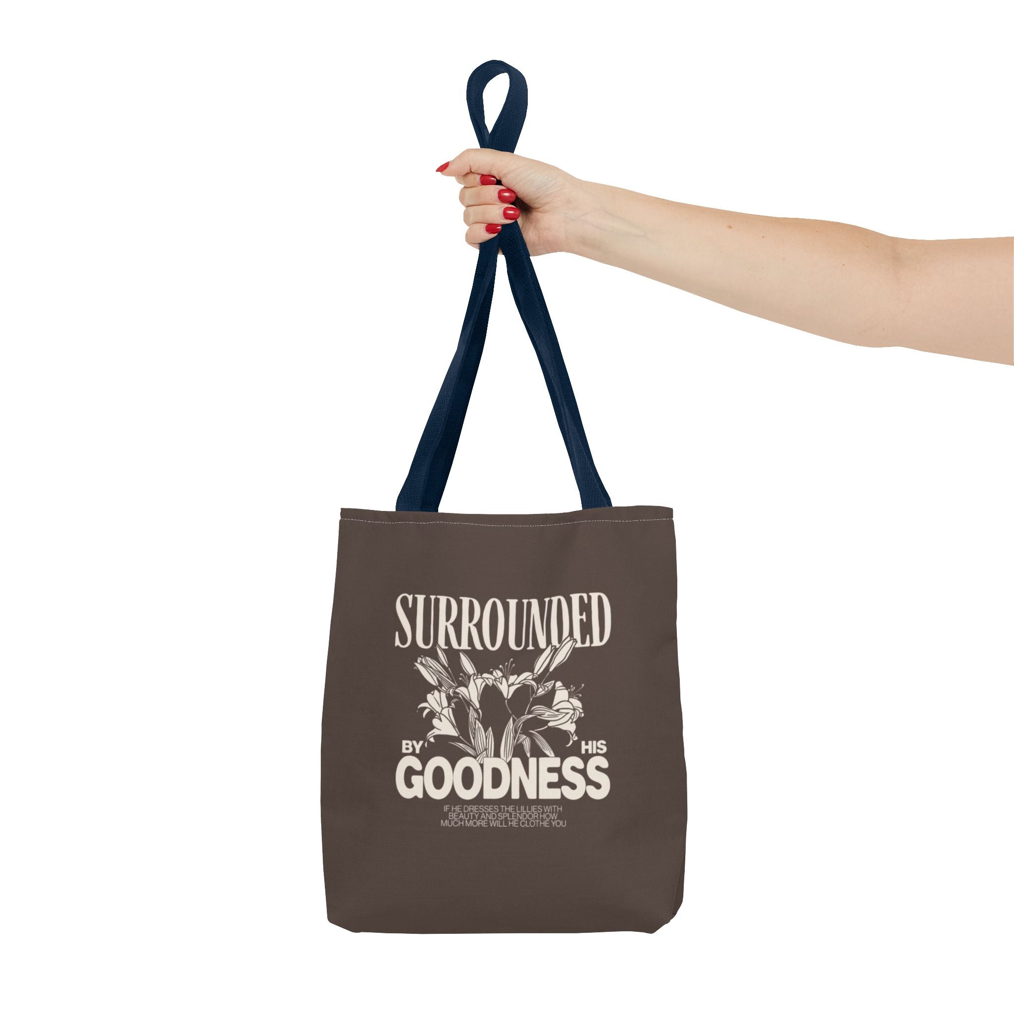 Surrounded by His Goodness Tote Bag — Faith Floral Scripture Shopper