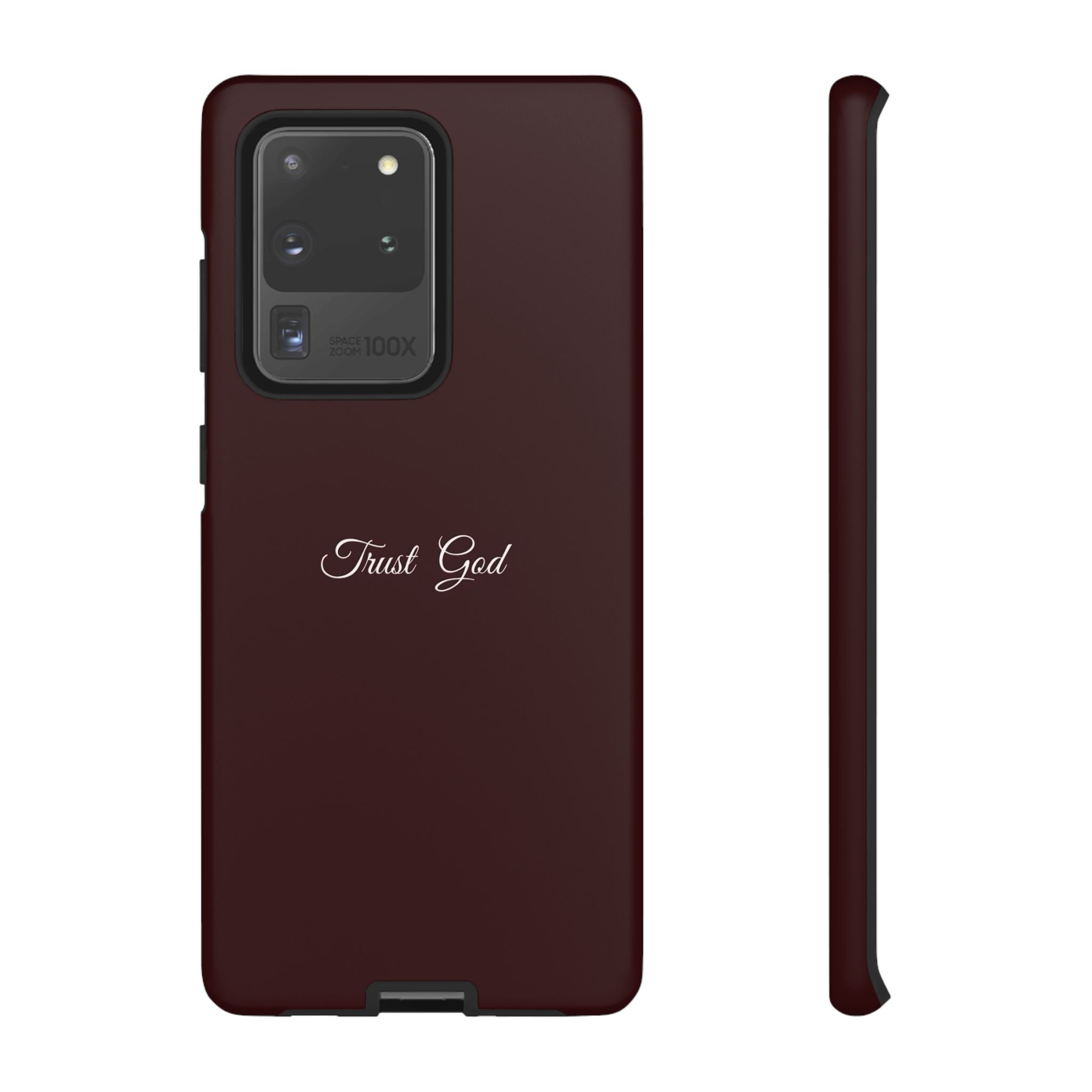 Trust God Tough Phone Case — Maroon Protective iPhone Cover with Script Text