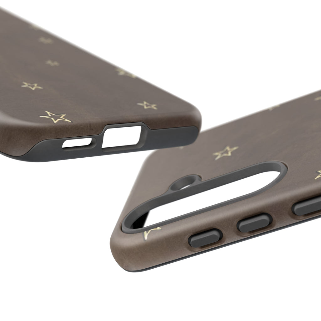 Brown Star Pattern Tough Phone Case – Rugged Leather-Look Protection