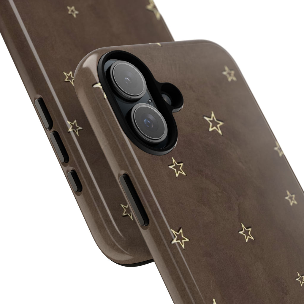 Brown Star Pattern Tough Phone Case – Rugged Leather-Look Protection