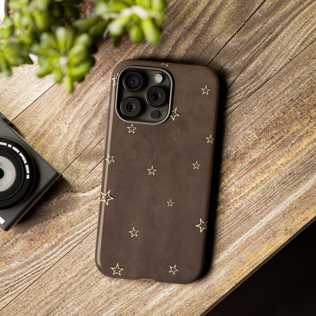Brown Star Pattern Tough Phone Case – Rugged Leather-Look Protection