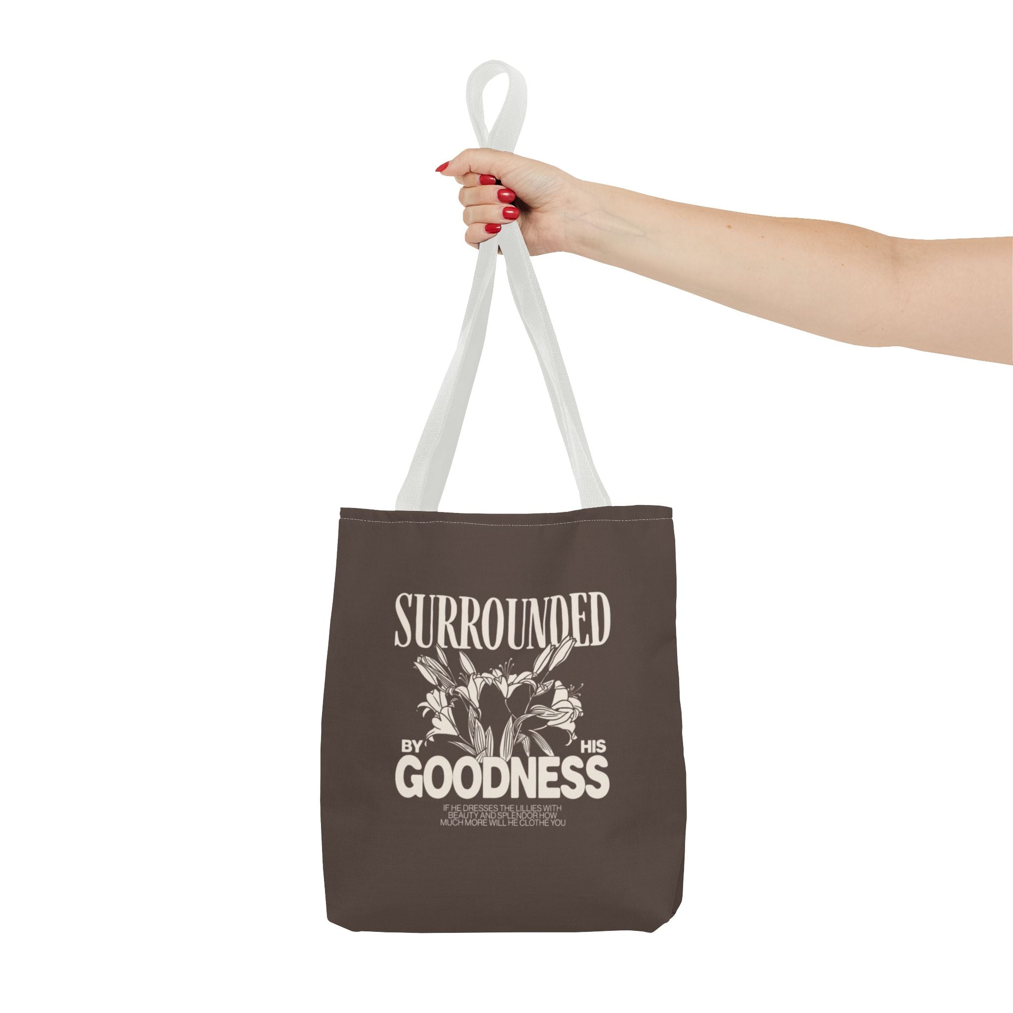 Surrounded by His Goodness Tote Bag — Faith Floral Scripture Shopper