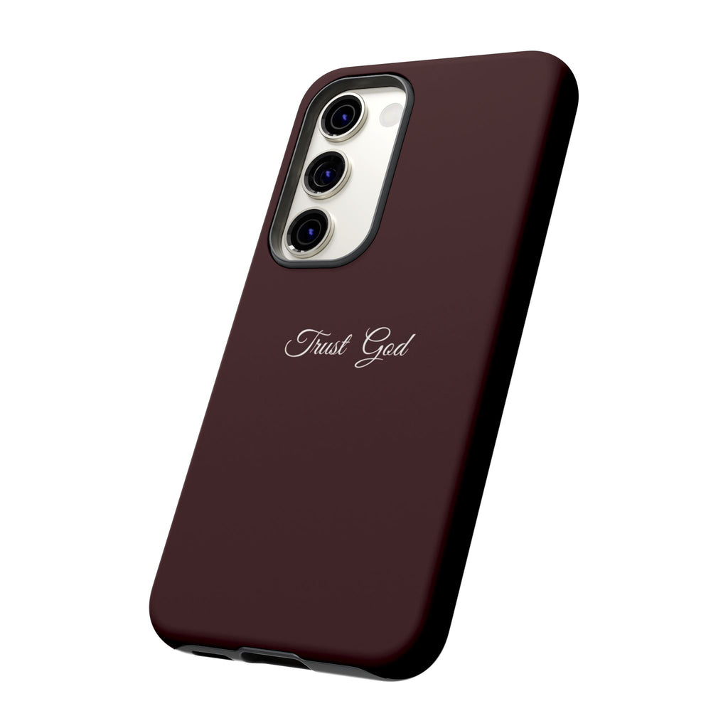 Trust God Tough Phone Case — Maroon Protective iPhone Cover with Script Text