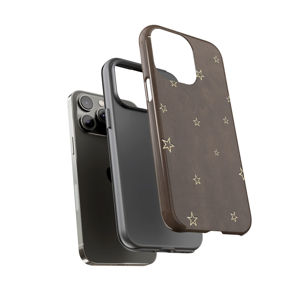 Brown Star Pattern Tough Phone Case – Rugged Leather-Look Protection