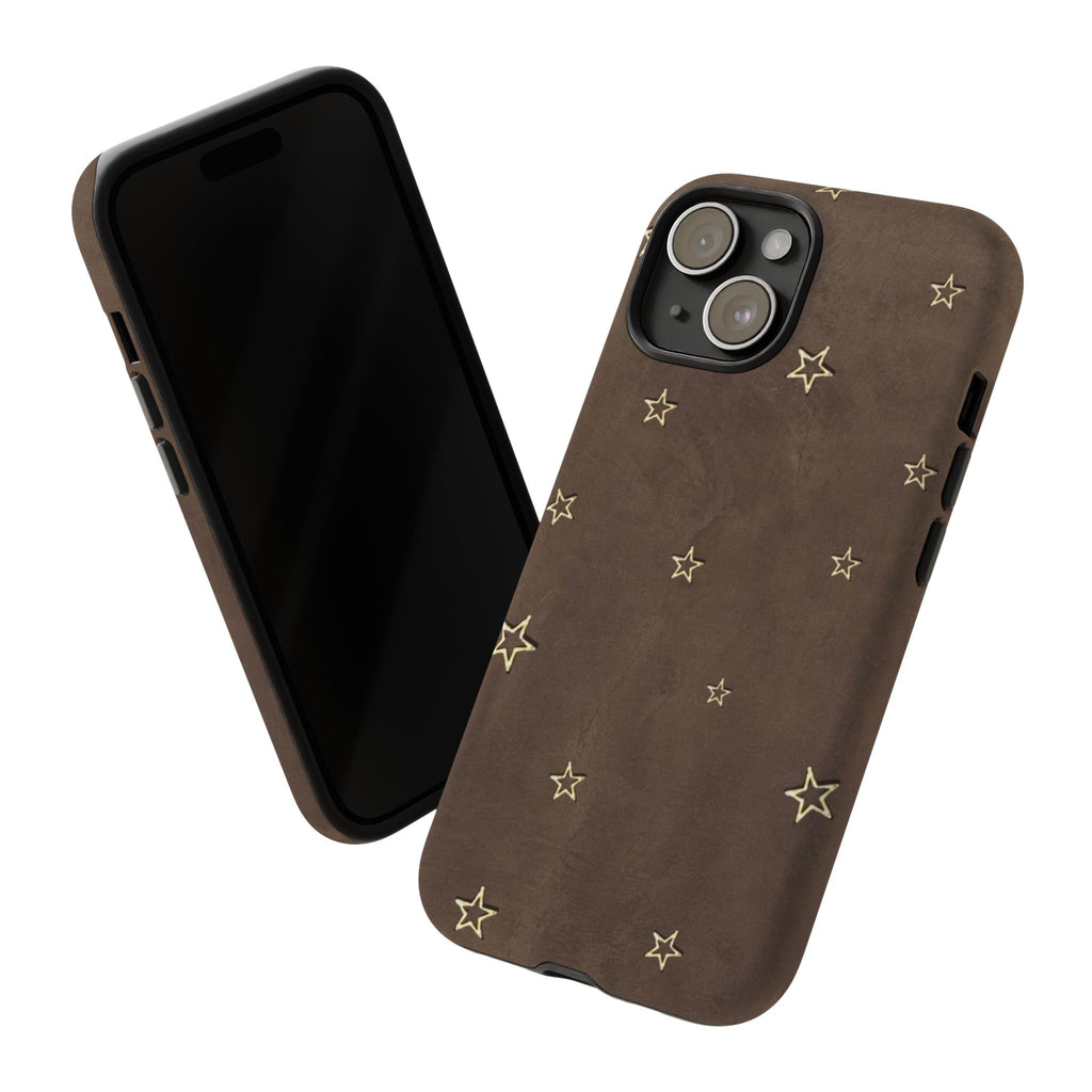 Brown Star Pattern Tough Phone Case – Rugged Leather-Look Protection