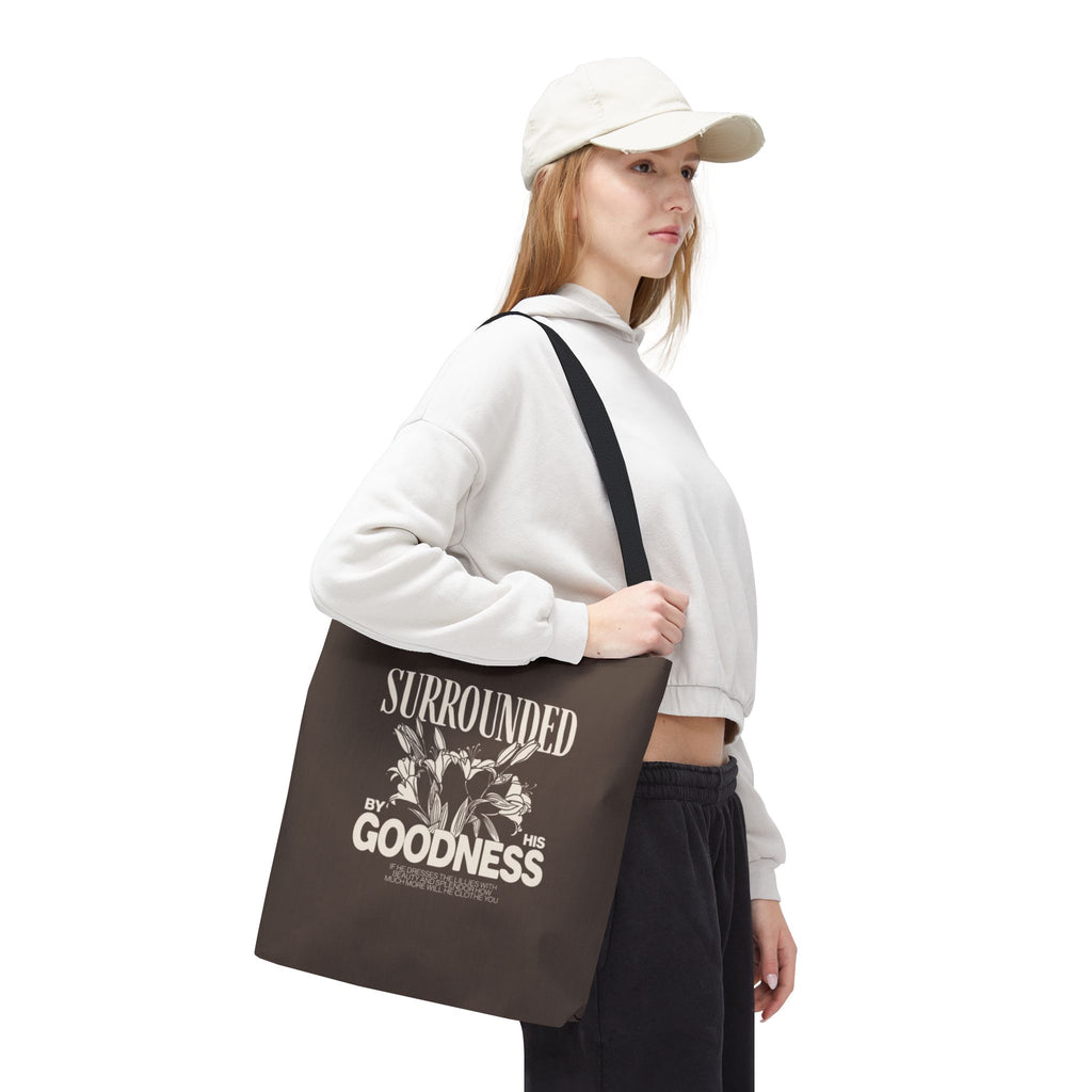 Surrounded by His Goodness Tote Bag — Faith Floral Scripture Shopper